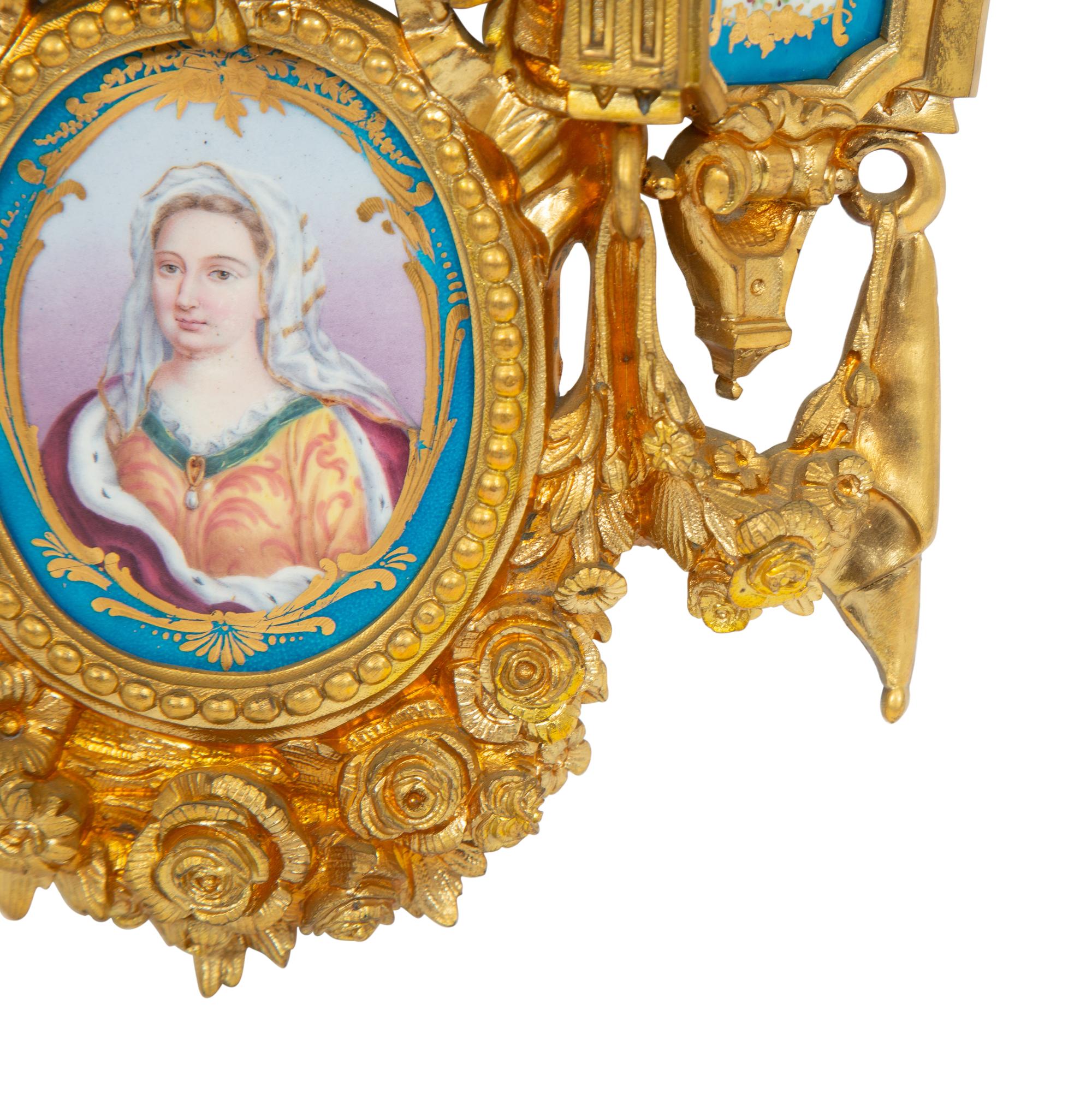 A Pair of Gilt Metal and Sèvres Style Porcelain Wall Brackets