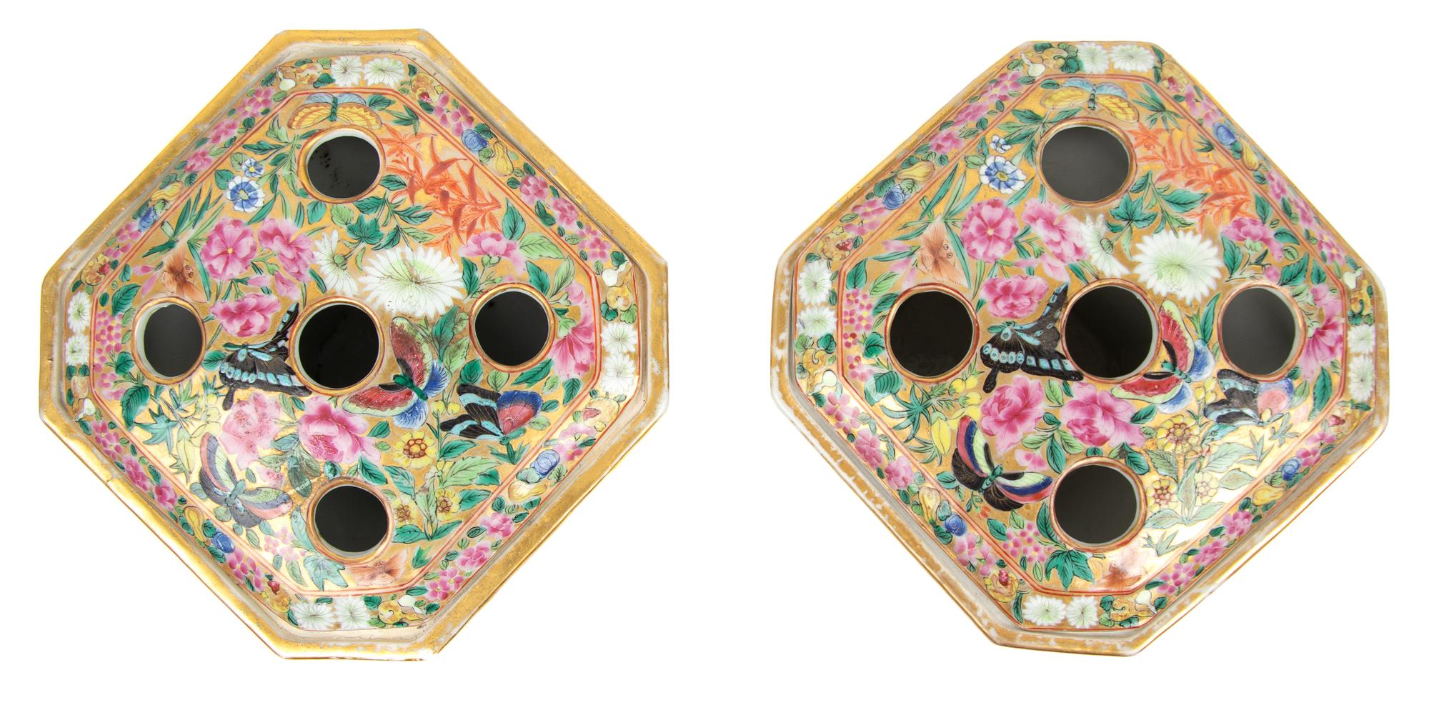 A Pair of Chinese Export Gilt Decorated Rose Medallion Flower Vases Height of each 8 1/4 inches. — 19TH CENTURY