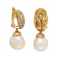 Yvel, Cultured Pearl, Colored Diamond, and Yellow Gold Earrings