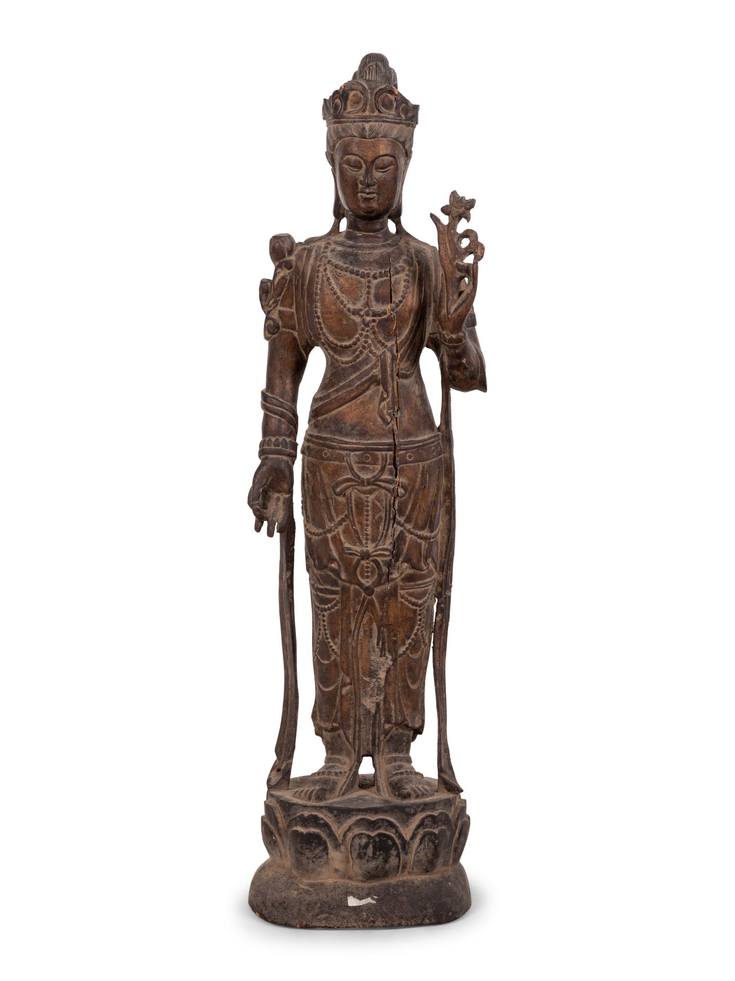A Chinese Carved Wood Standing Guanyin Figure