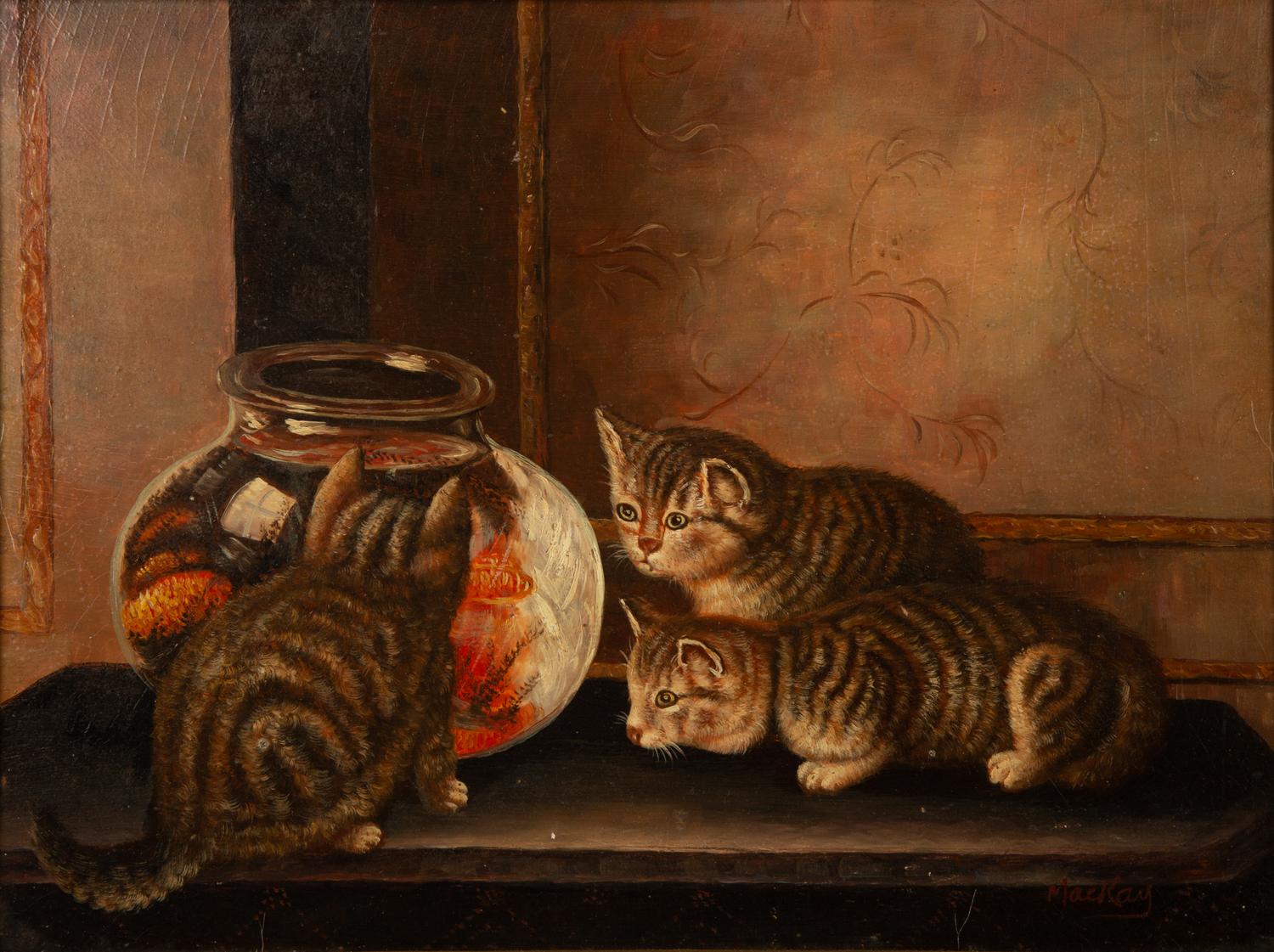 Three Cats Watching a Goldfish Bowl