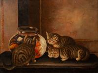 Three Cats Watching a Goldfish Bowl