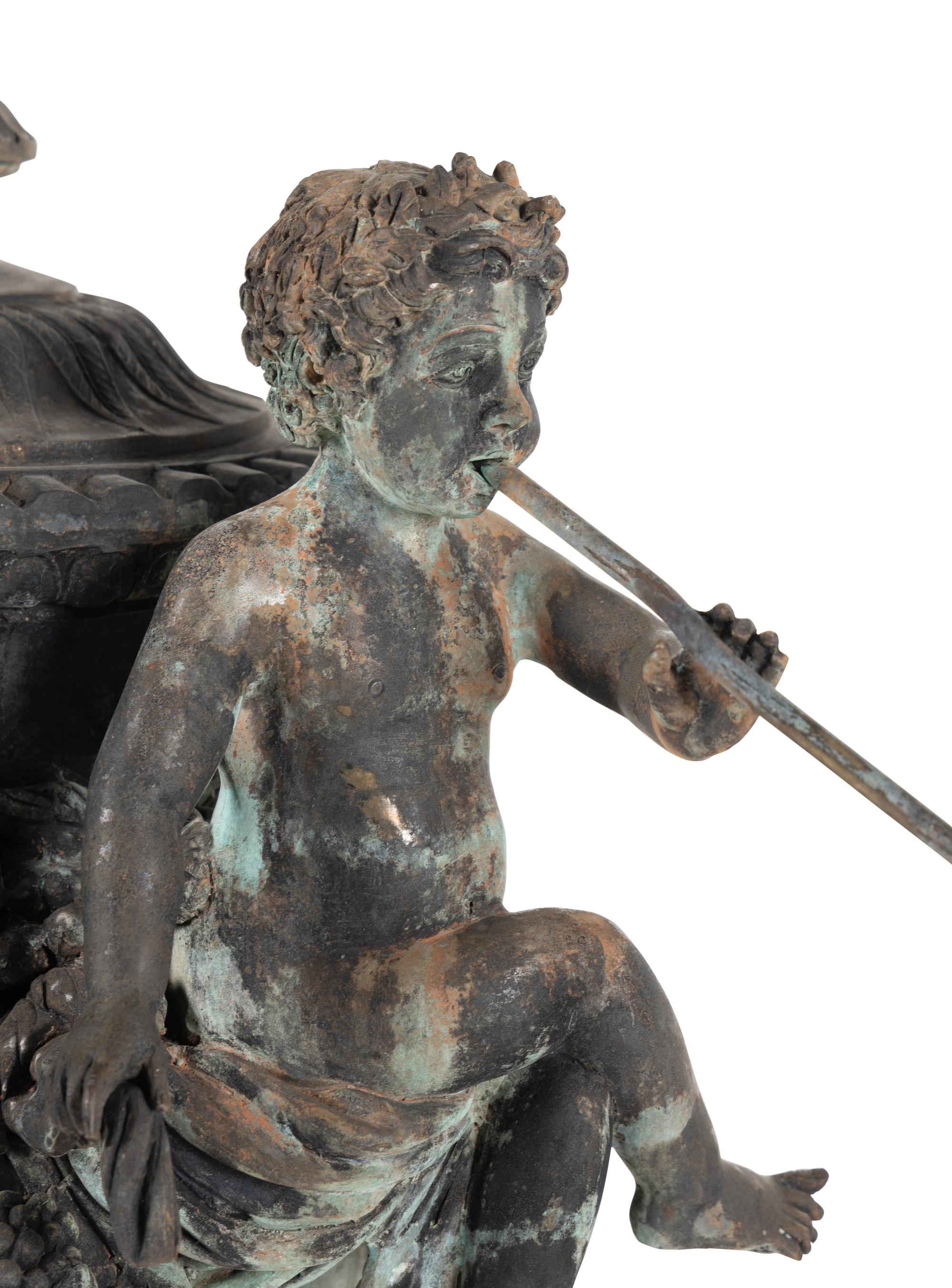 A Patinated Bronze Fountain Urn on Plinth