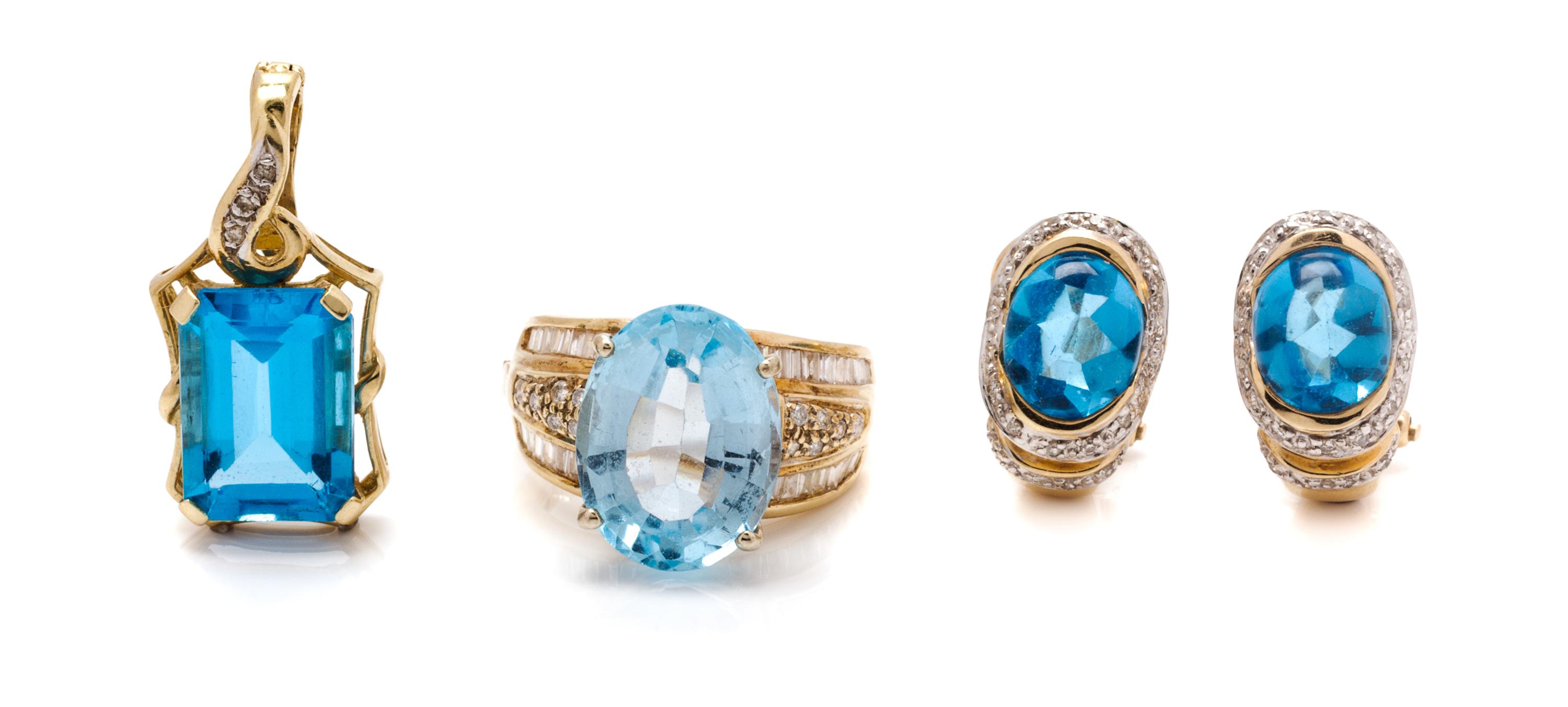 A Collection of 14 Karat Yellow Gold, Blue Topaz and Diamond Jewelry, 13.50 dwts.