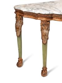 A Pair of Italian Green Painted and Parcel Gilt Marble-Top Console Tables
