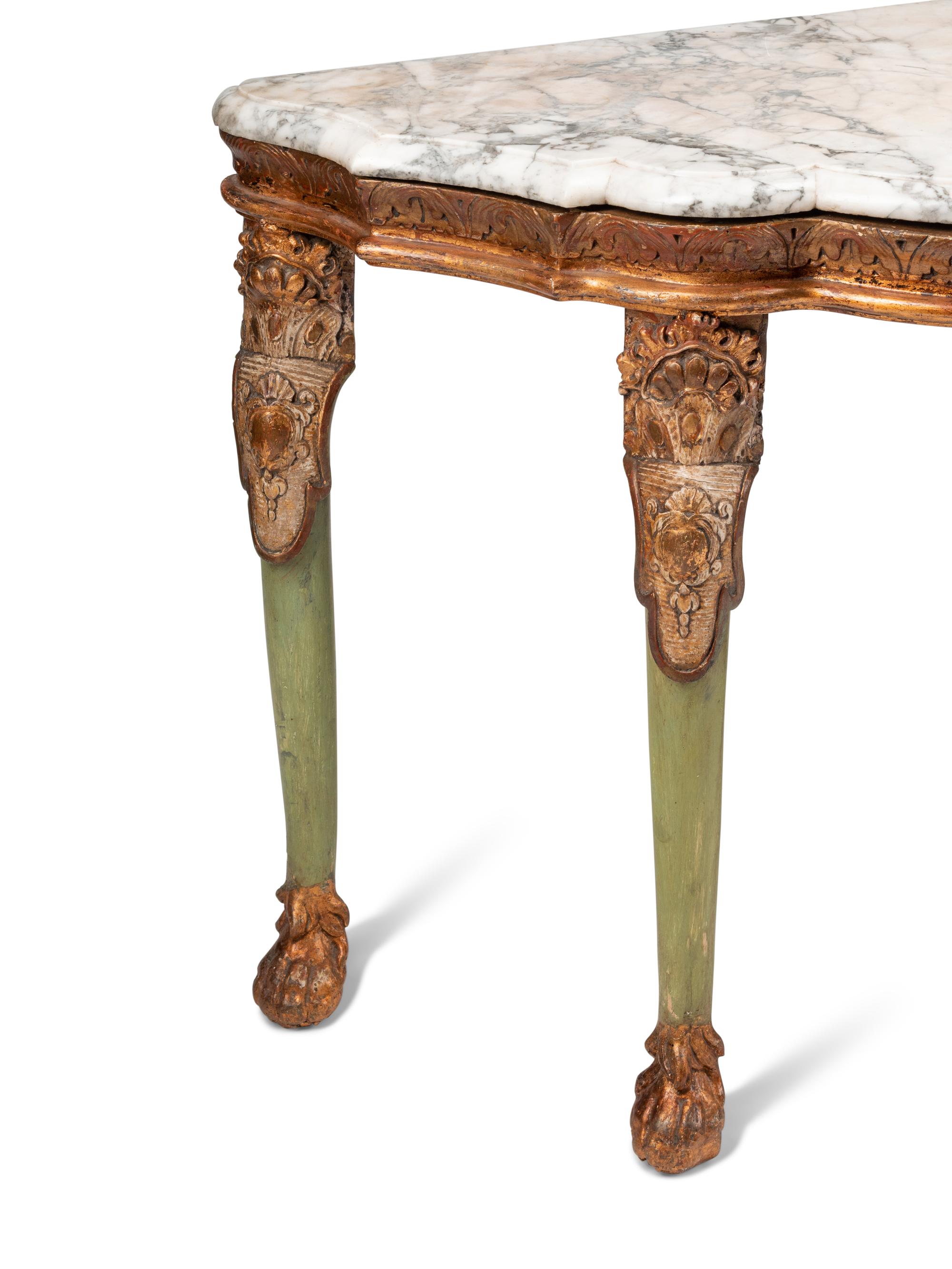 A Pair of Italian Green Painted and Parcel Gilt Marble-Top Console Tables