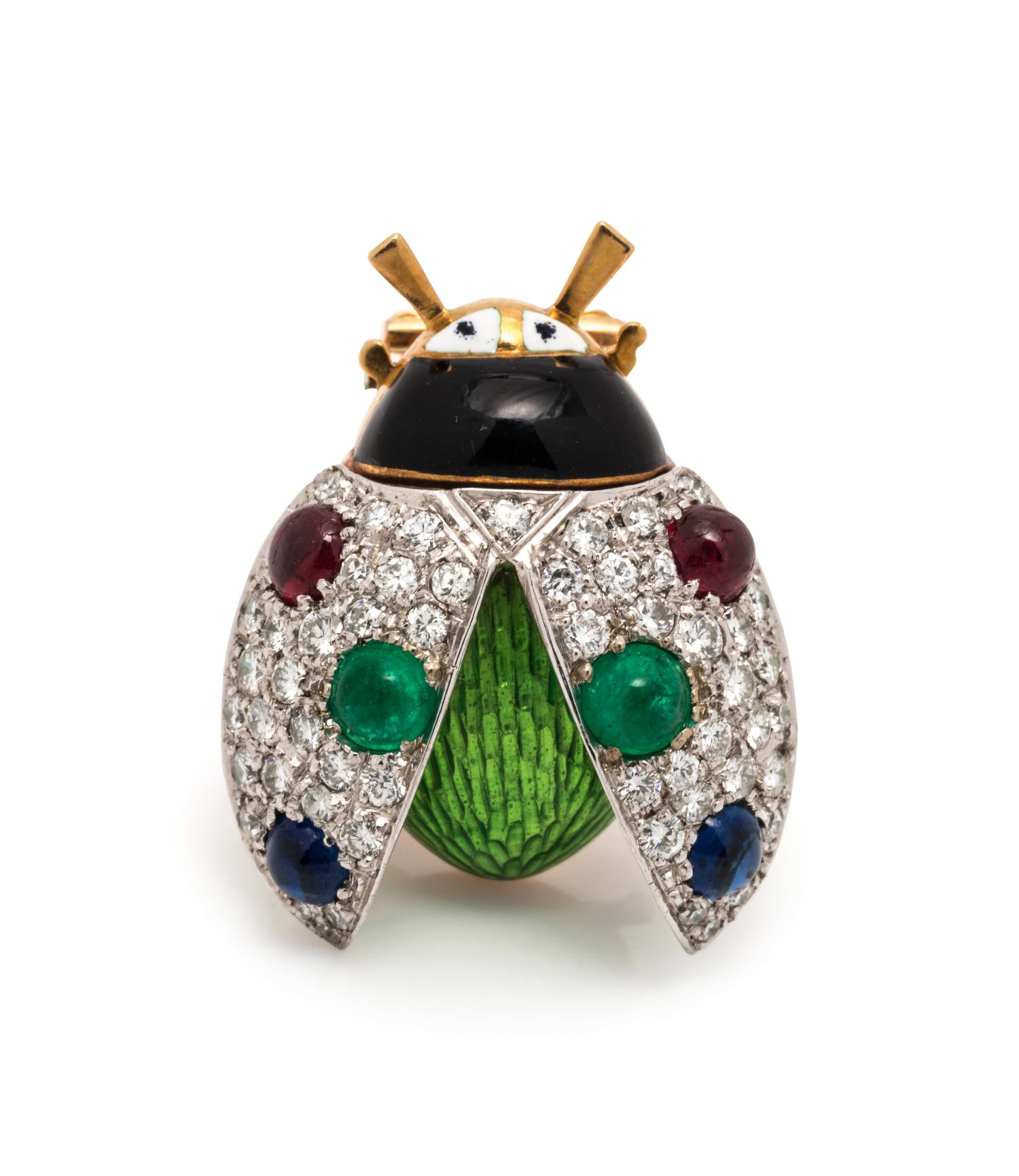 DIAMOND, MULTIGEM AND ENAMEL BEETLE BROOCH