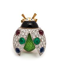 DIAMOND, MULTIGEM AND ENAMEL BEETLE BROOCH