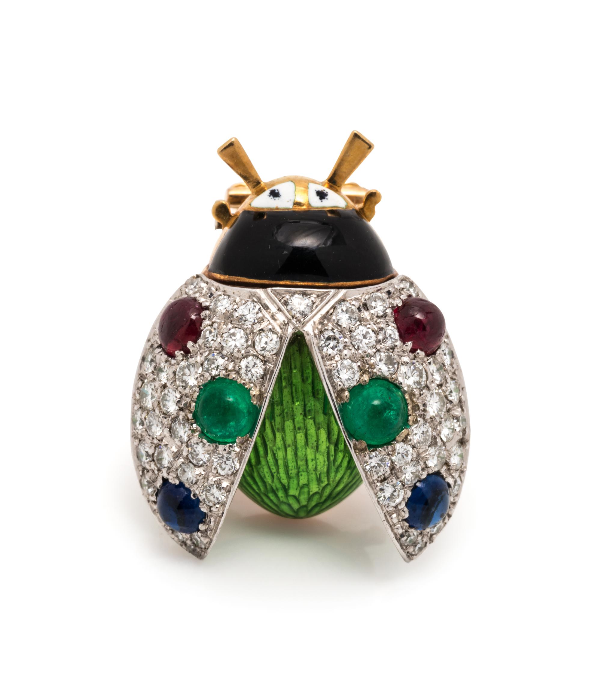 DIAMOND, MULTIGEM AND ENAMEL BEETLE BROOCH