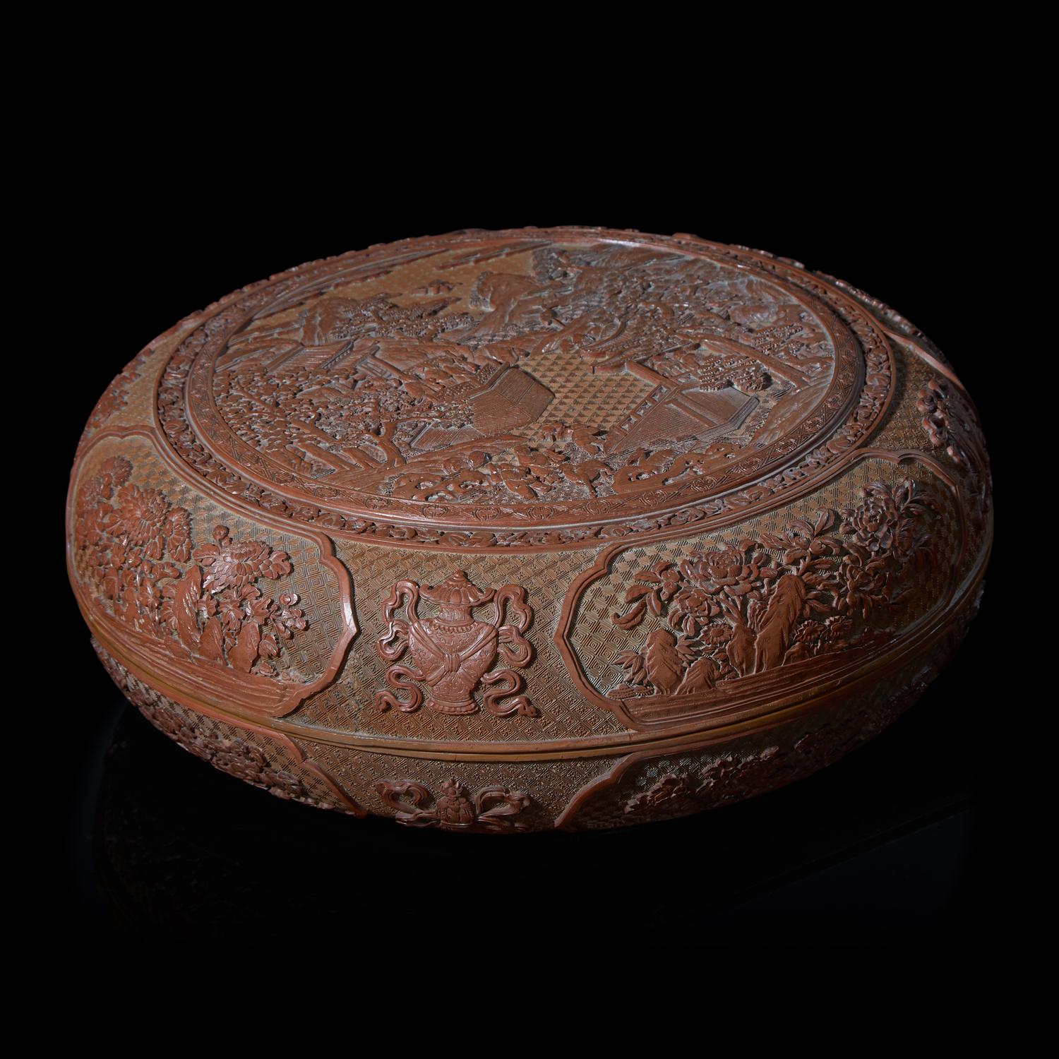 A Large Chinese Cinnabar Lacquer Circular Box and Cover, Late 19th/ Early 20th century 晚清民國 剔紅大捧盒