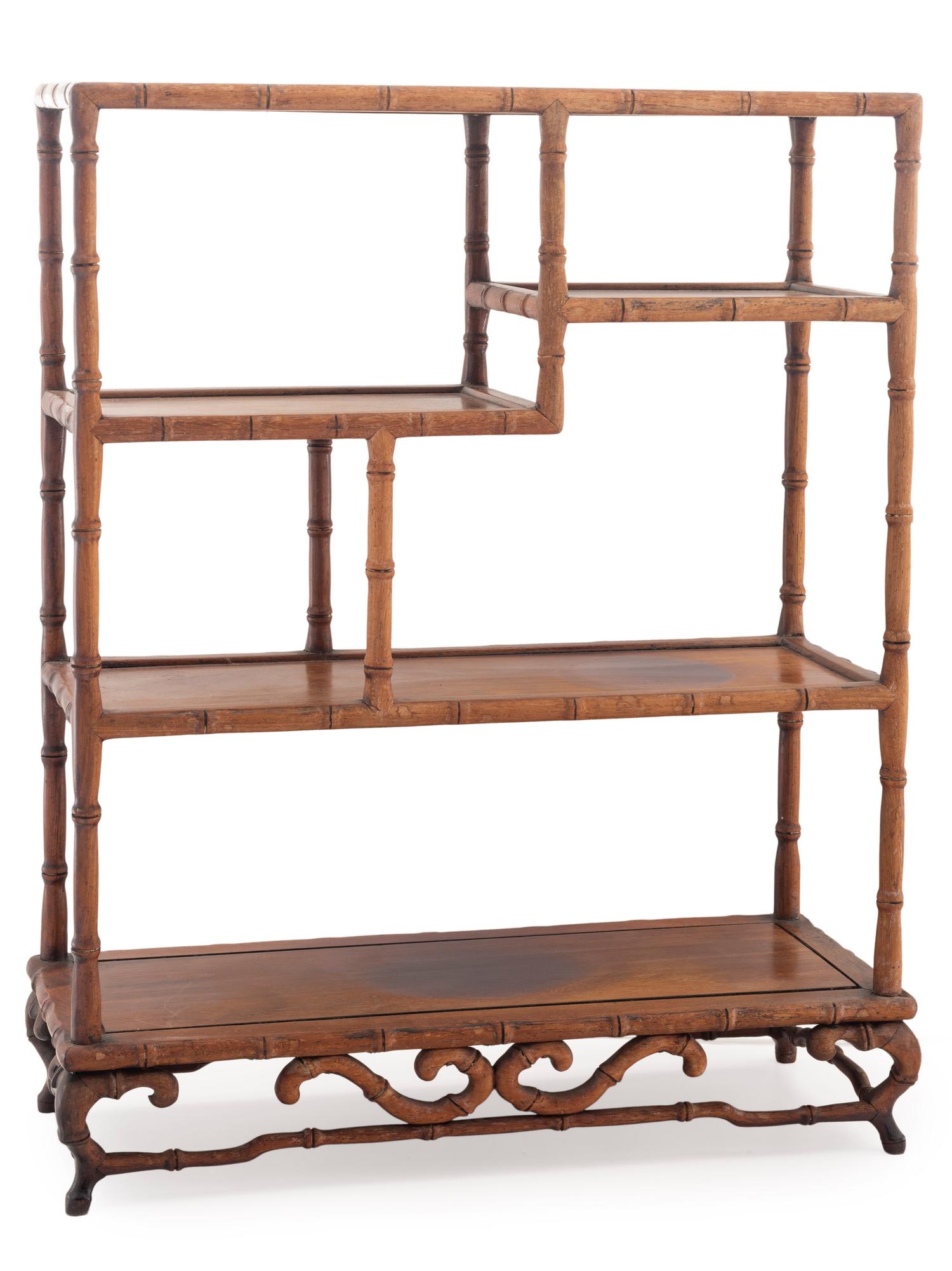 A Chinese Bamboo Carved Hardwood Etagere