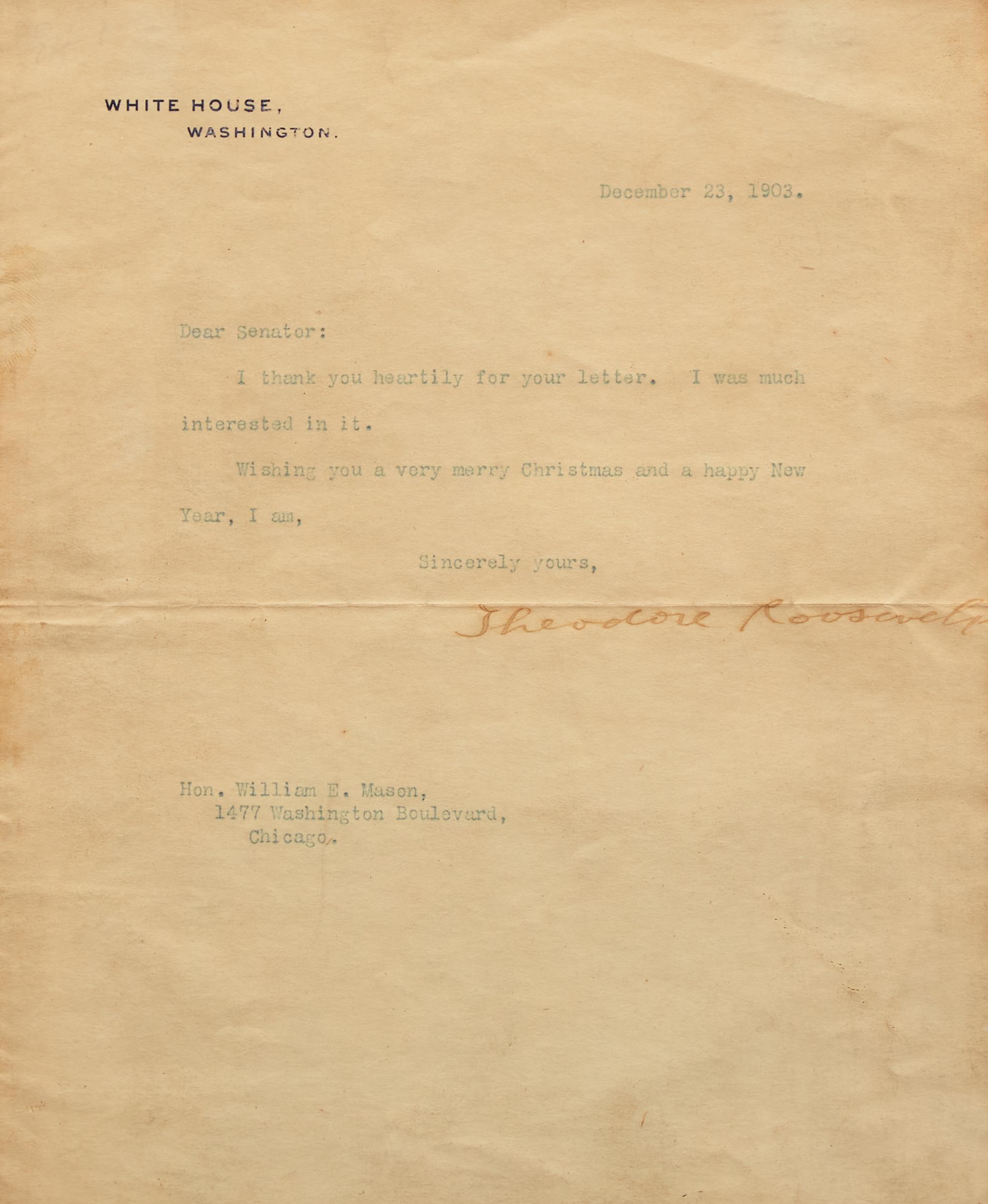 [Presidential] Roosevelt, Theodore. Typed letter, signed
