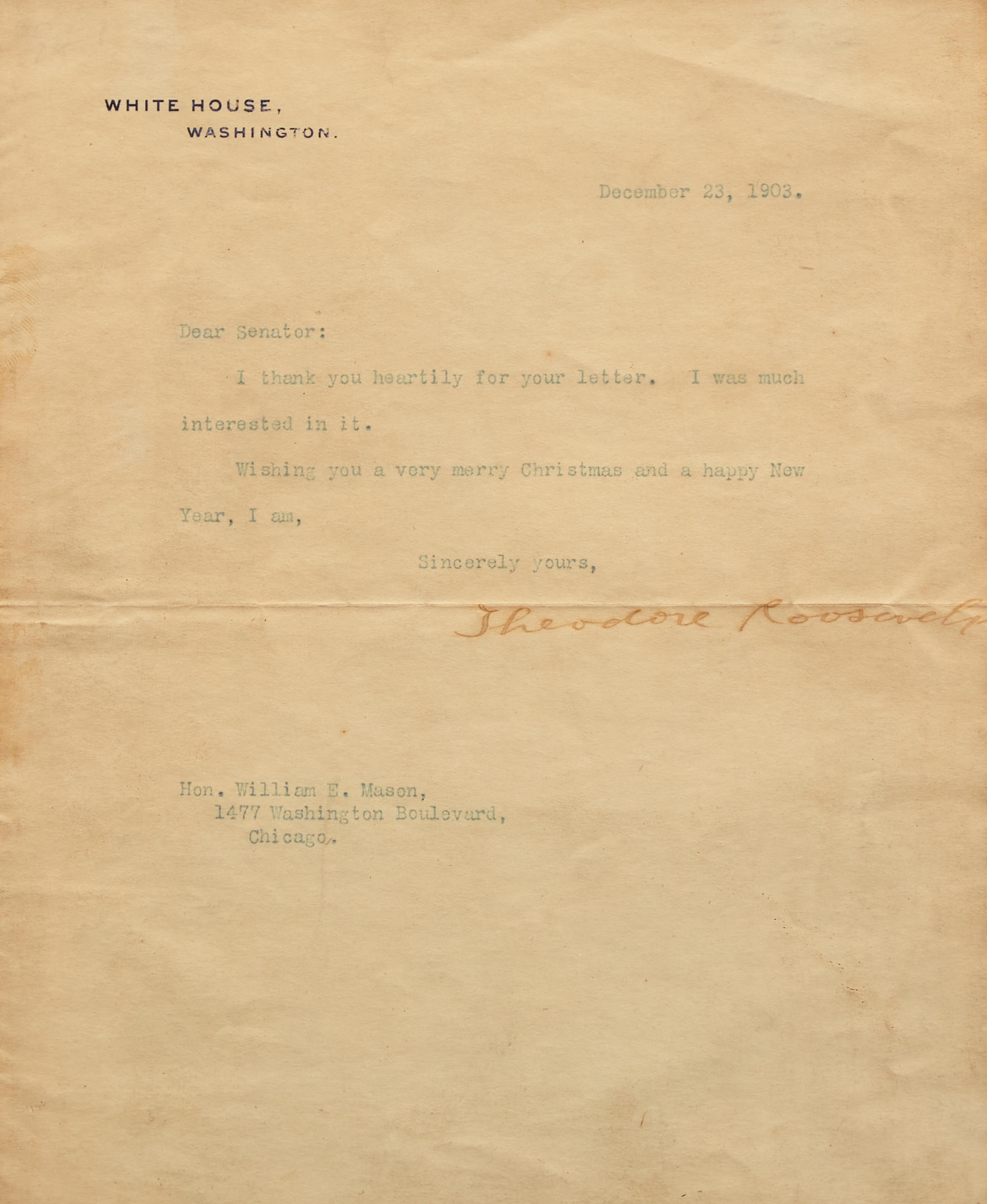 [Presidential] Roosevelt, Theodore. Typed letter, signed