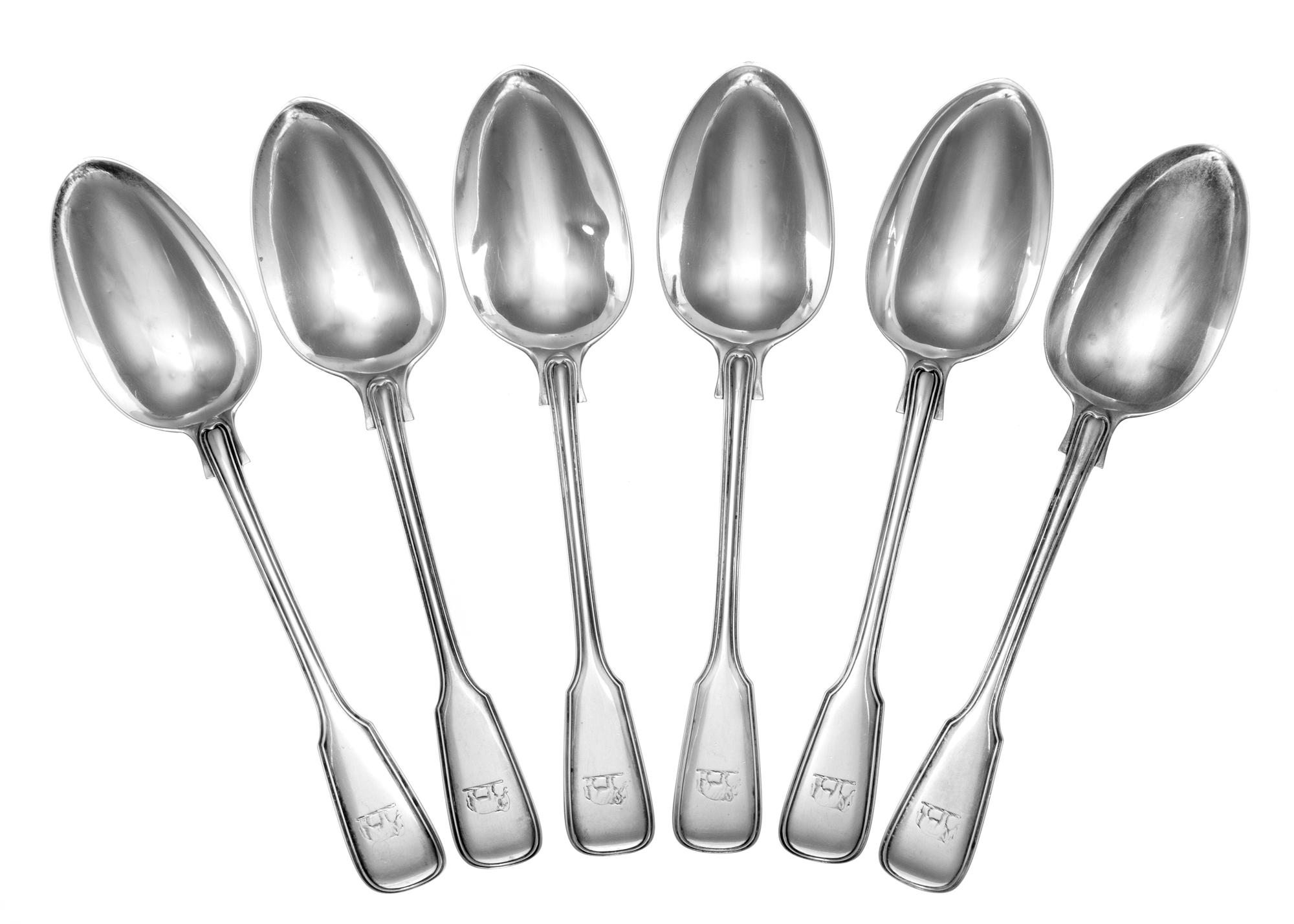 A Set of Six Victorian Silver Tablespoons , George William Adams, London, 1859 , each having an engraved elephant passant on handle.