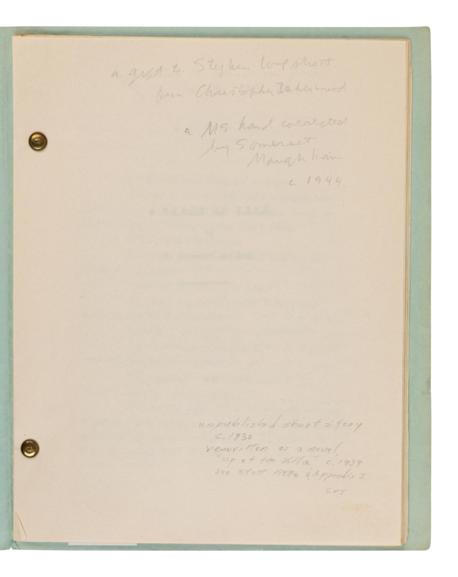 MAUGHAM, W. Somerset (1874-1965). Original first draft typescript for "A Night in June," AN UNPUBLISHED SHORT STORY, later collected in Up at the Villa, n.p., n.d. [La Mauresque, Saint-Jean-Cap-Ferrate, ca 1929-1930].