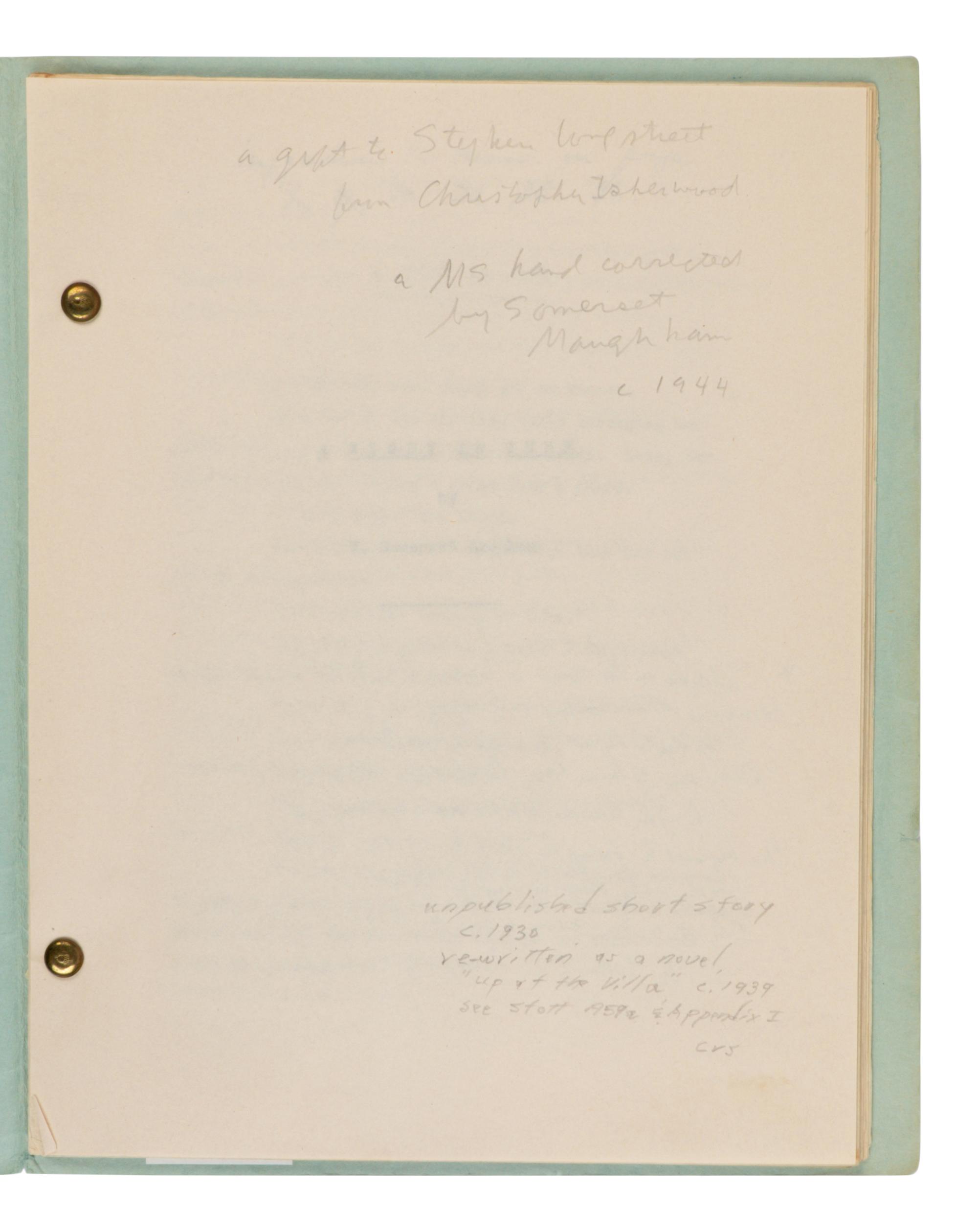 MAUGHAM, W. Somerset (1874-1965). Original first draft typescript for "A Night in June," AN UNPUBLISHED SHORT STORY, later collected in Up at the Villa, n.p., n.d. [La Mauresque, Saint-Jean-Cap-Ferrate, ca 1929-1930].