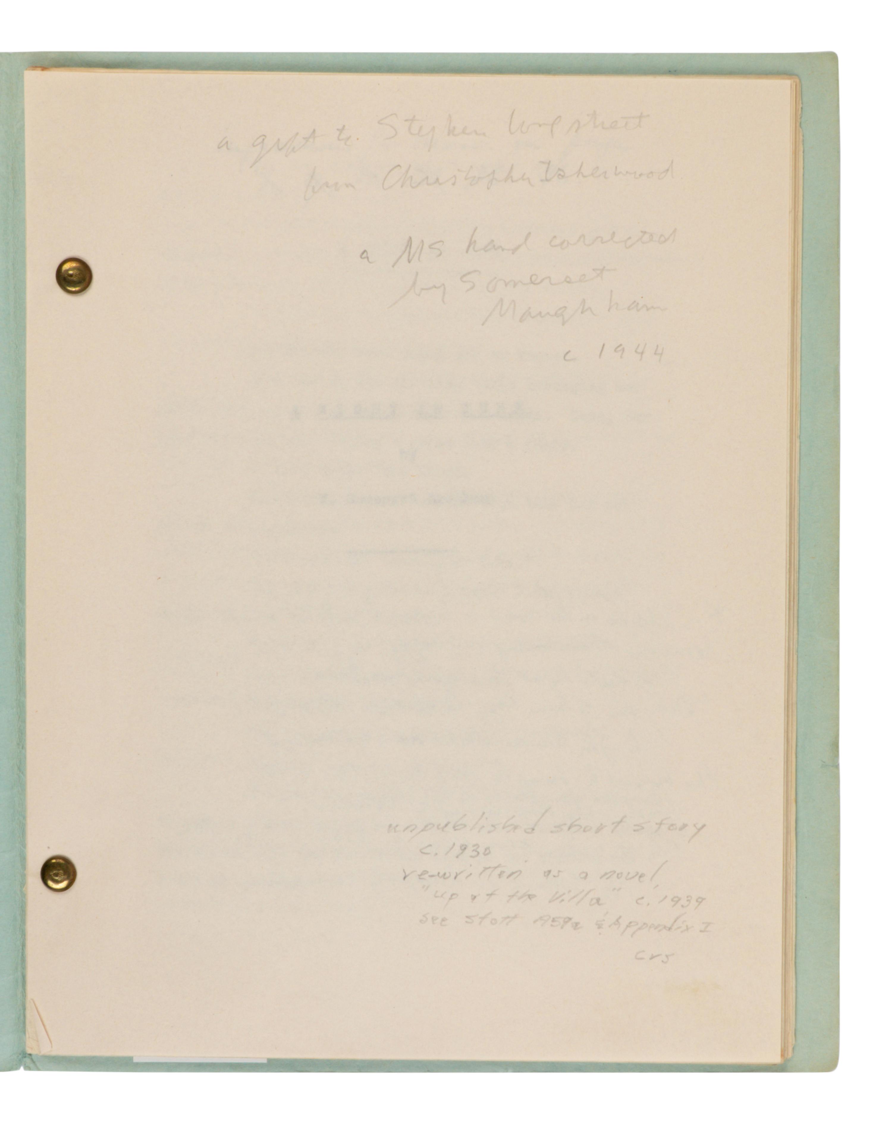 MAUGHAM, W. Somerset (1874-1965). Original first draft typescript for "A Night in June," AN UNPUBLISHED SHORT STORY, later collected in Up at the Villa, n.p., n.d. [La Mauresque, Saint-Jean-Cap-Ferrate, ca 1929-1930].