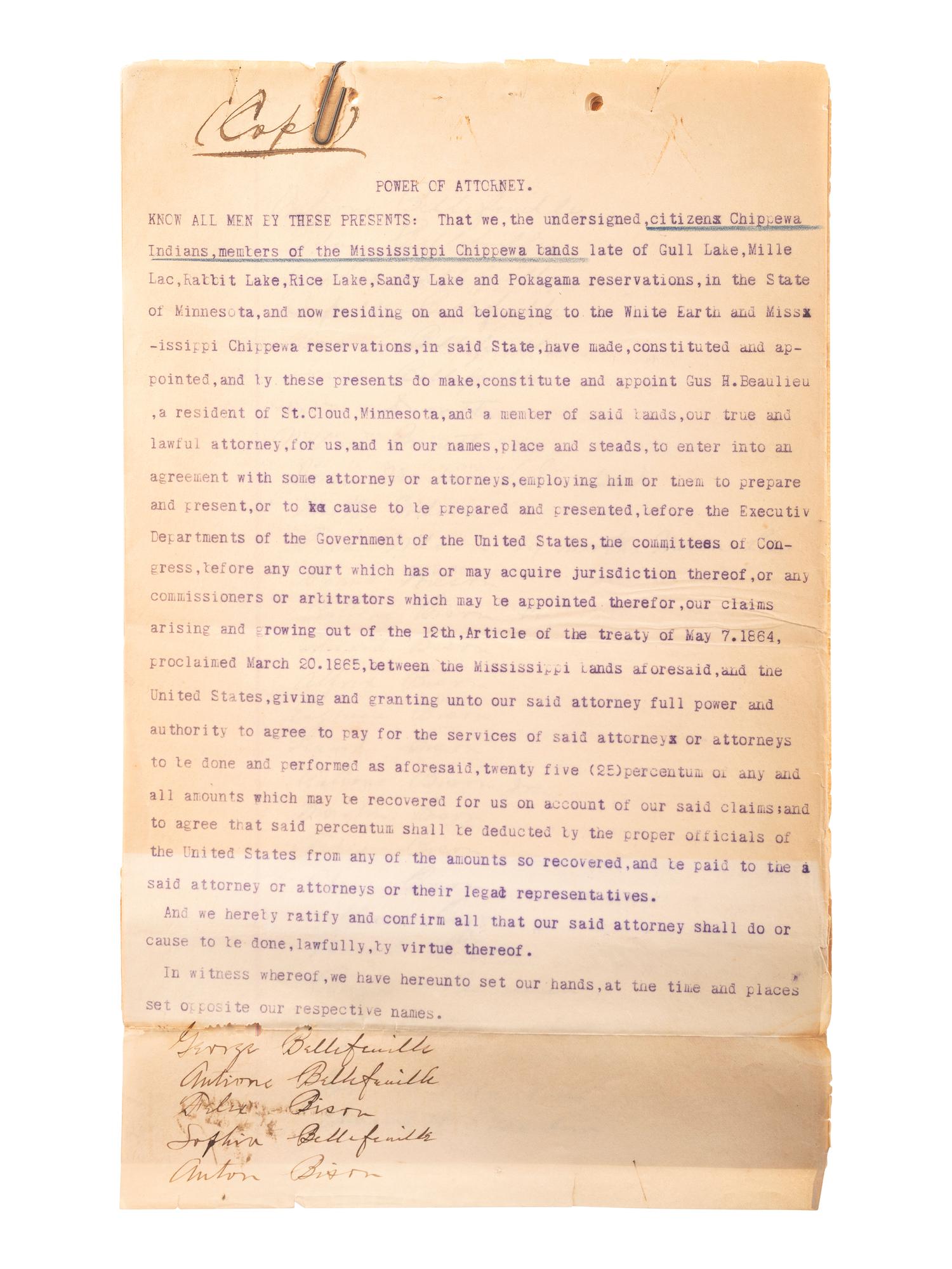 [NATIVE AMERICANS]. A group of documents related to the Sioux, Chippewa, and Cherokee Indians, ca first quarter 20th century.