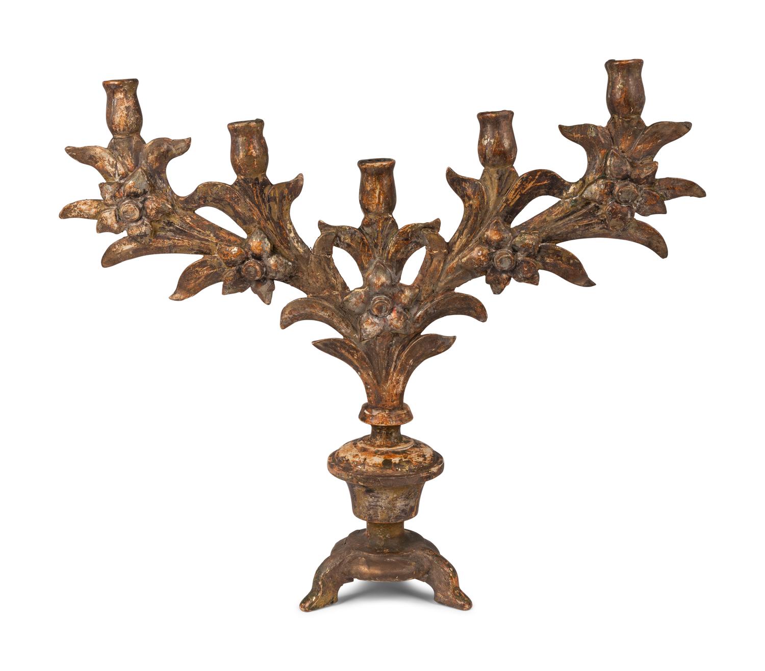 An Italian Painted Wood Five-Light Candelabrum