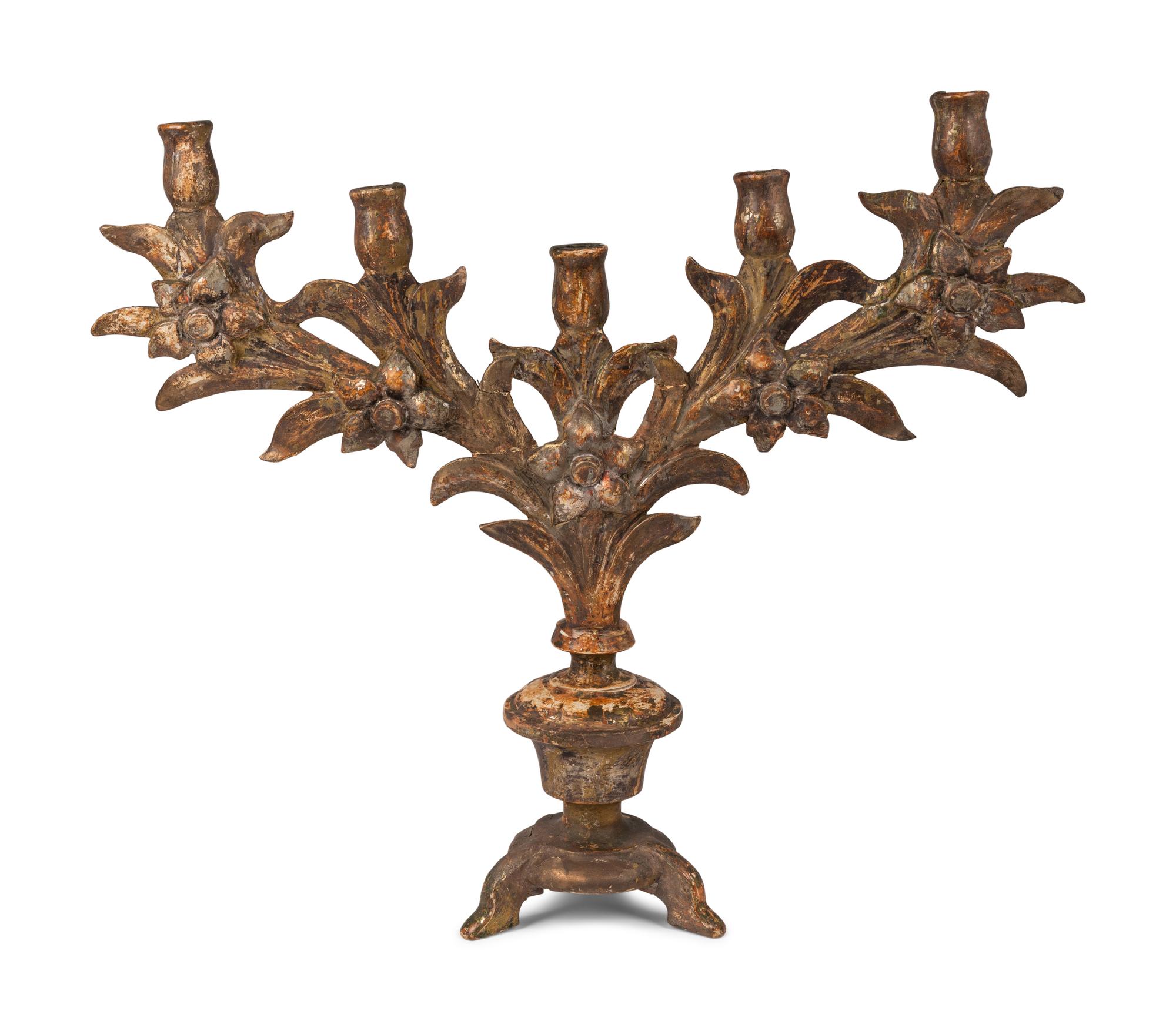 An Italian Painted Wood Five-Light Candelabrum
