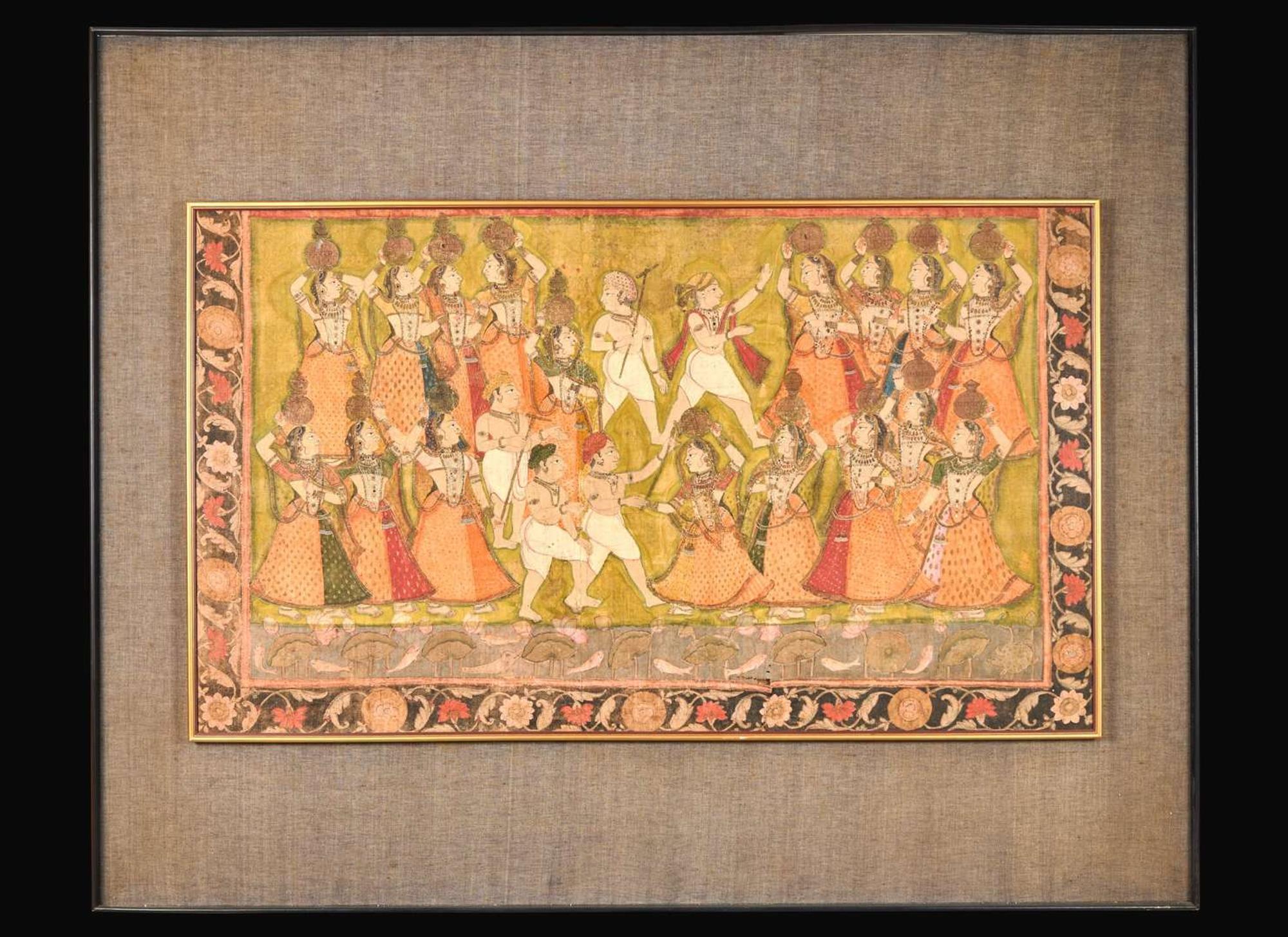 An Indian Pichwai depicting Gopis and Cowherds, 19th century or earlier, Gopis與牛群 十九世紀或更早