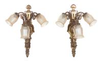 A Pair of Neoclassical Gilt Brass Three-Light Sconces Height 24 1/4 inches.