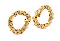 A Pair of 18 Karat Yellow Gold and Diamond Hoop Earclips, Tiffany & Co., French, 21.70 dwts.