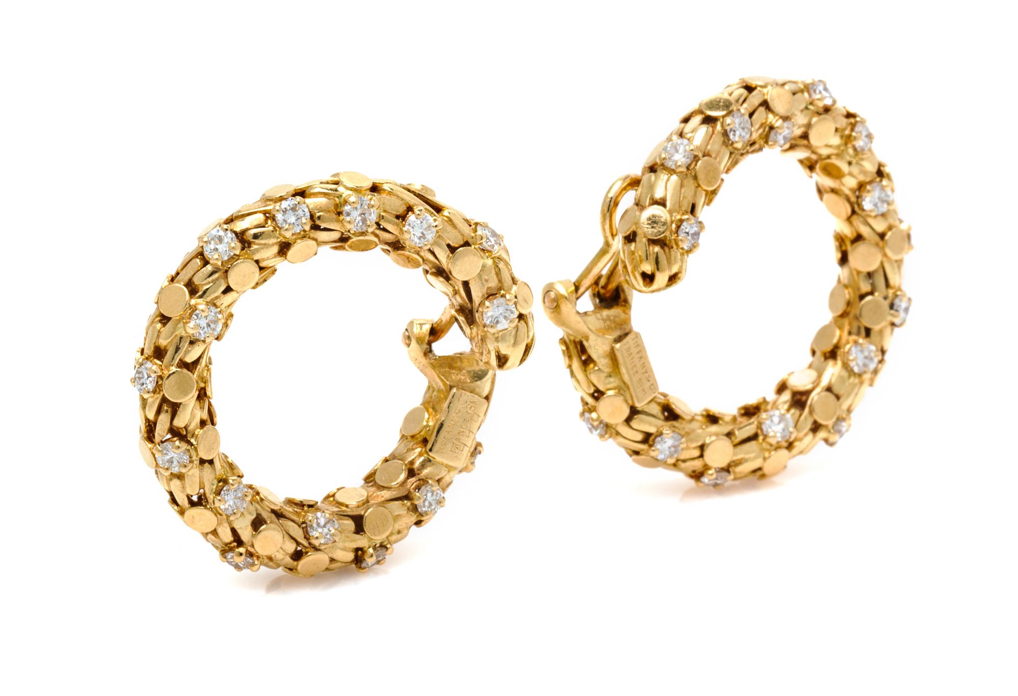 A Pair of 18 Karat Yellow Gold and Diamond Hoop Earclips, Tiffany & Co., French, 21.70 dwts.