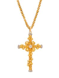 An 18 Karat Yellow Gold, Diamond and Rose Motif Cross Pendant with Chain,