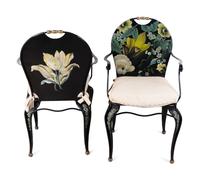 A Pair of Floral Painted Metal Garden Armchairs