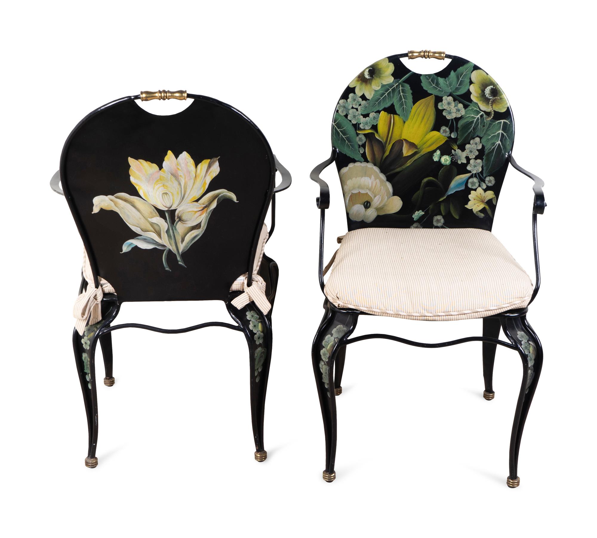 A Pair of Floral Painted Metal Garden Armchairs