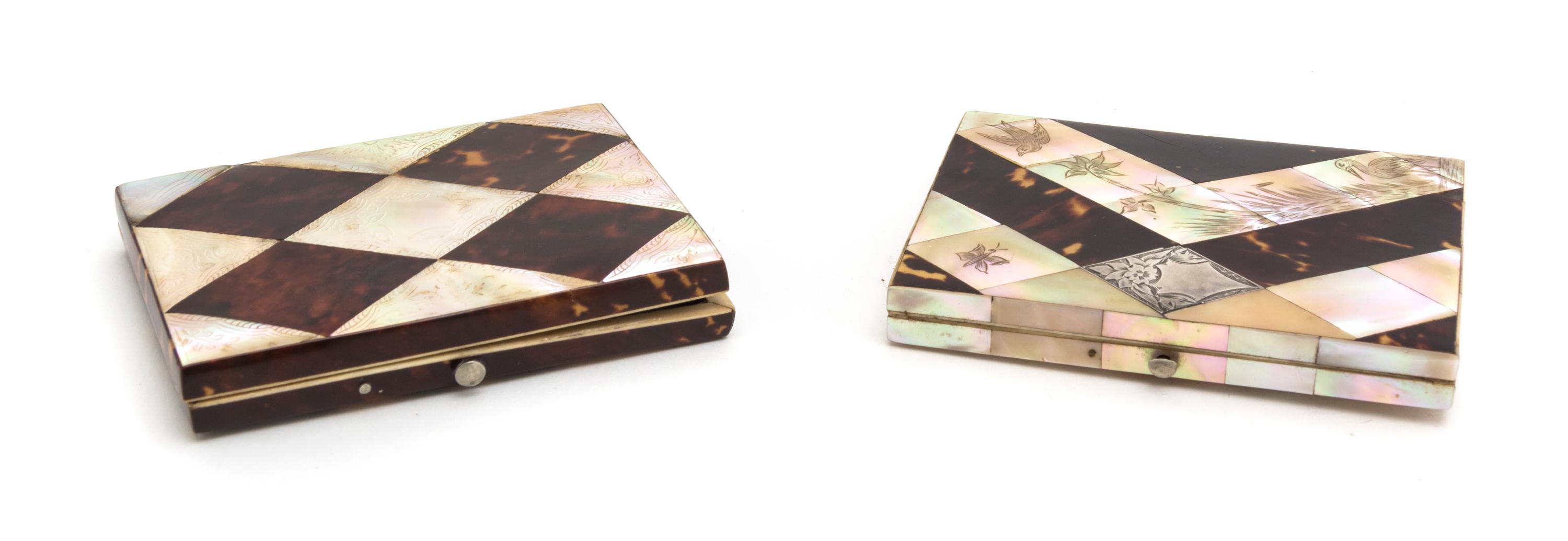 Two Mother-of-Pearl and Tortoise Shell Veneered Card Cases, Height of taller 4 3/16 inches.