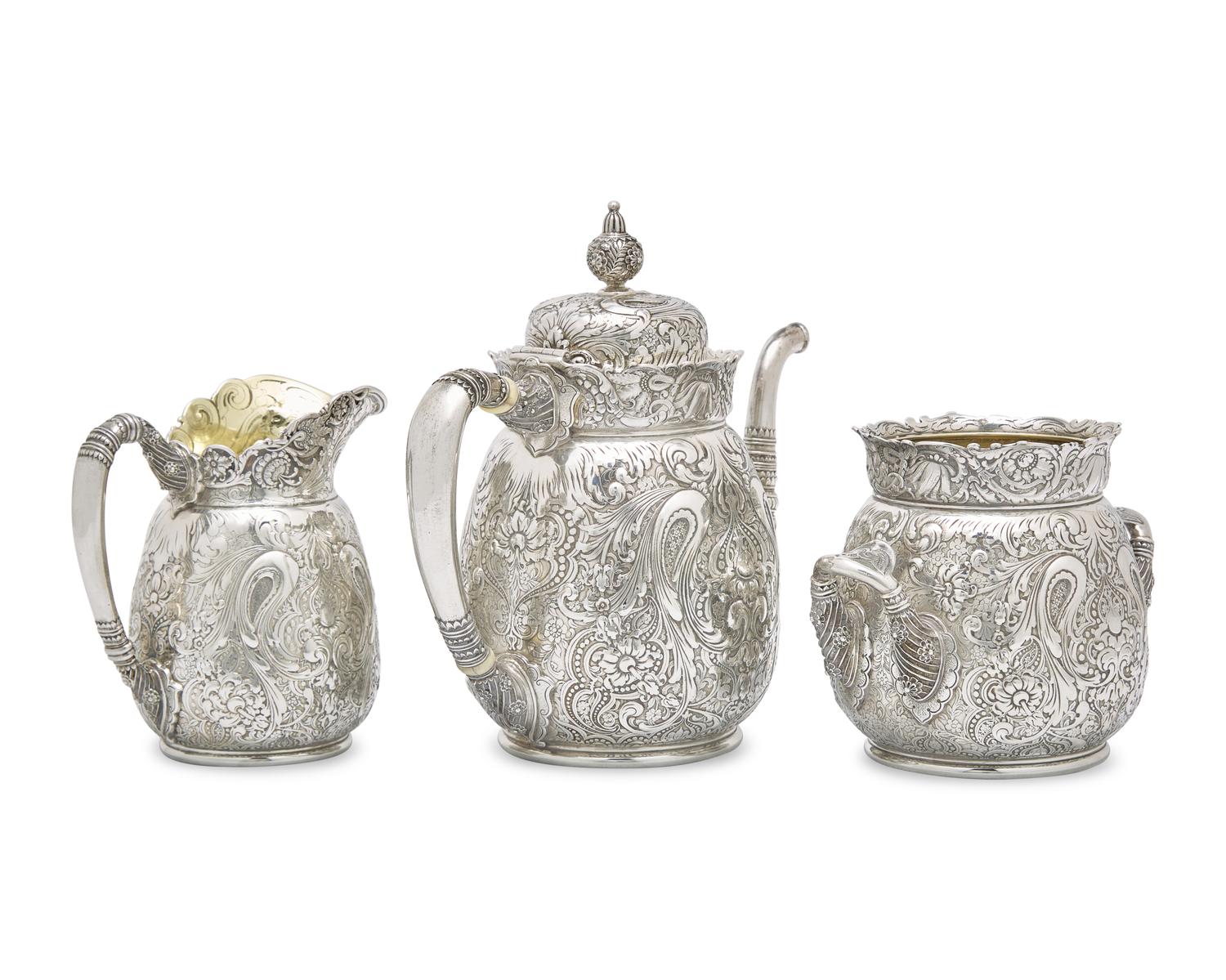 A Rare Sterling Silver Three-Piece Saracenic Tea Service