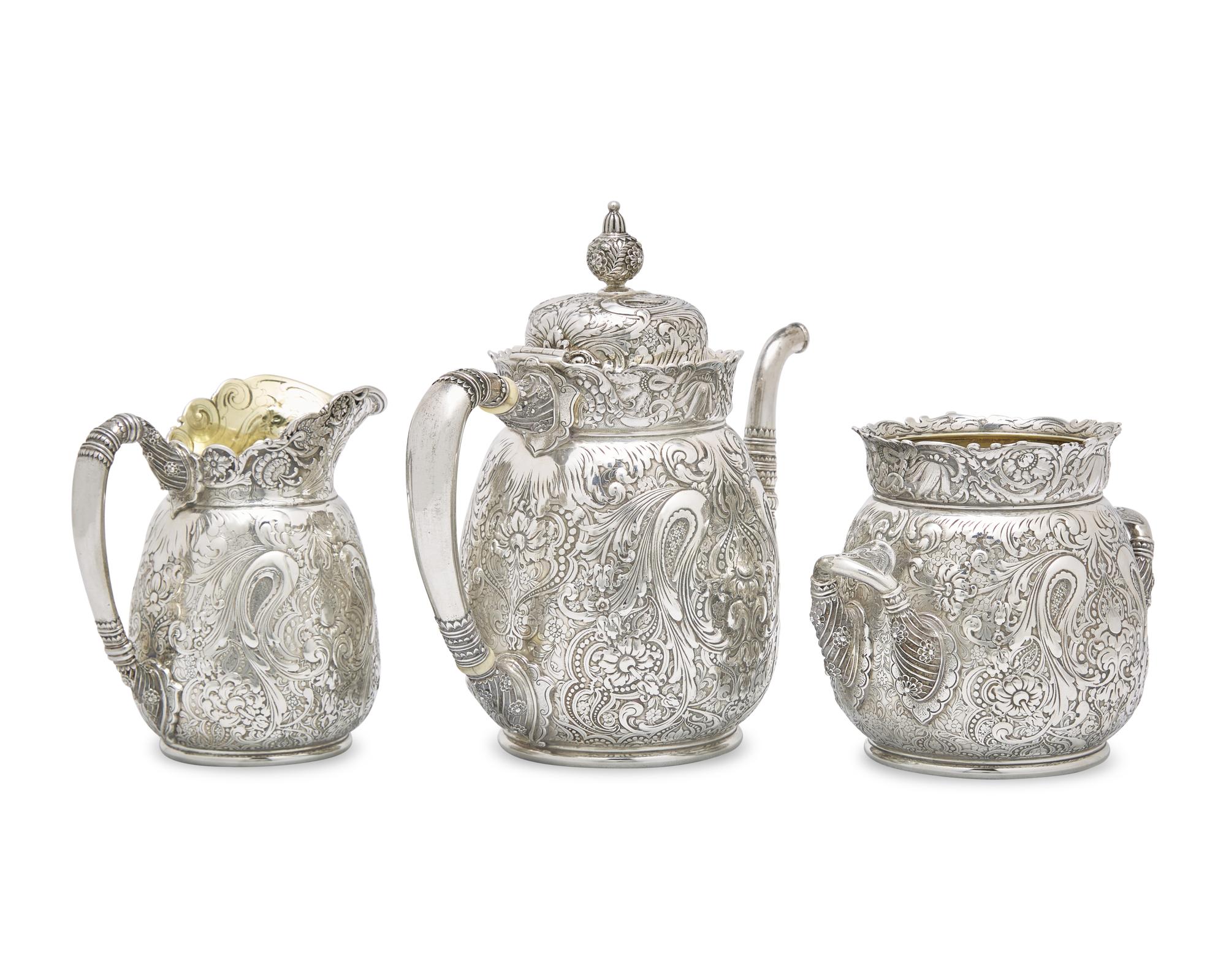 A Rare Sterling Silver Three-Piece Saracenic Tea Service