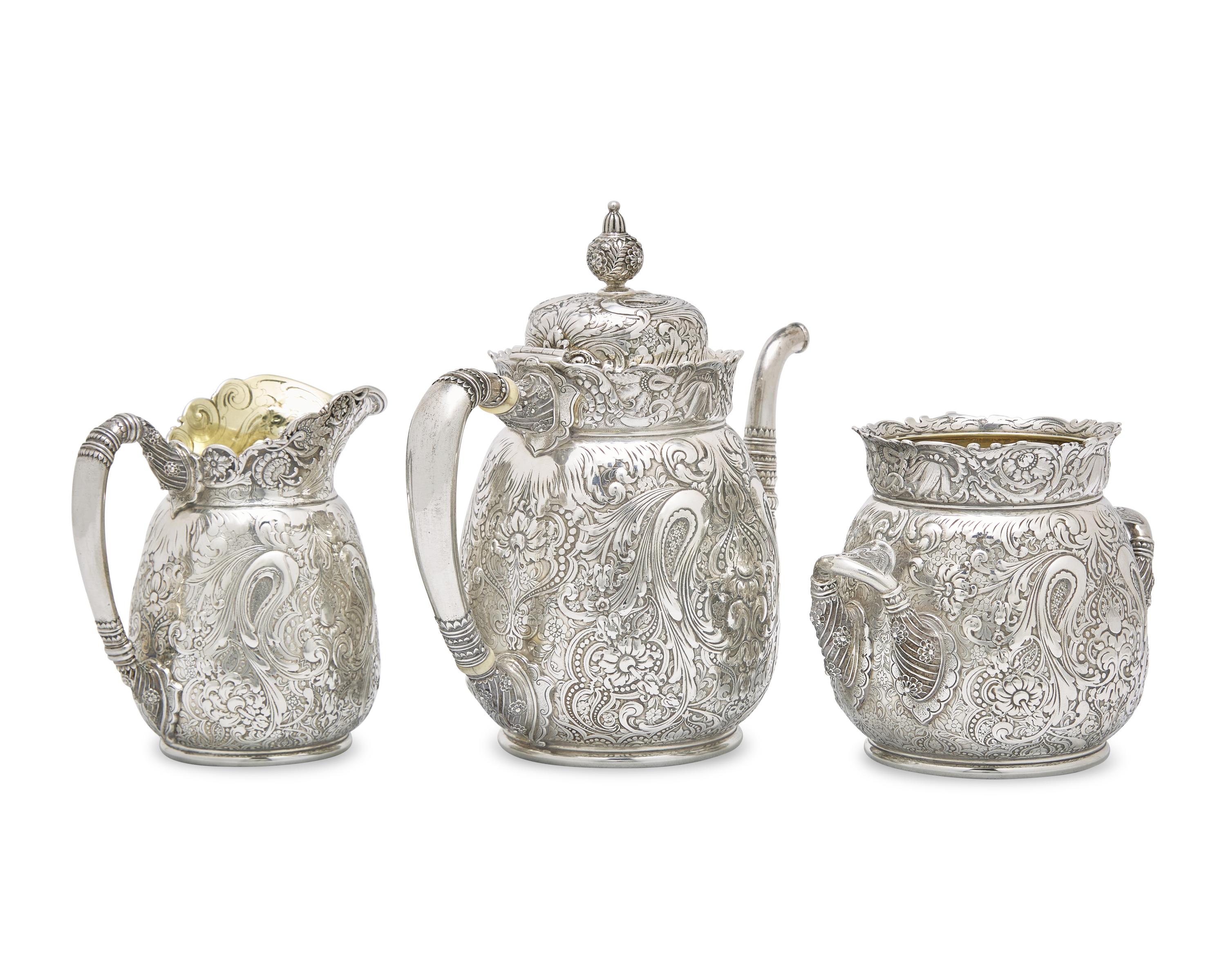 A Rare Sterling Silver Three-Piece Saracenic Tea Service