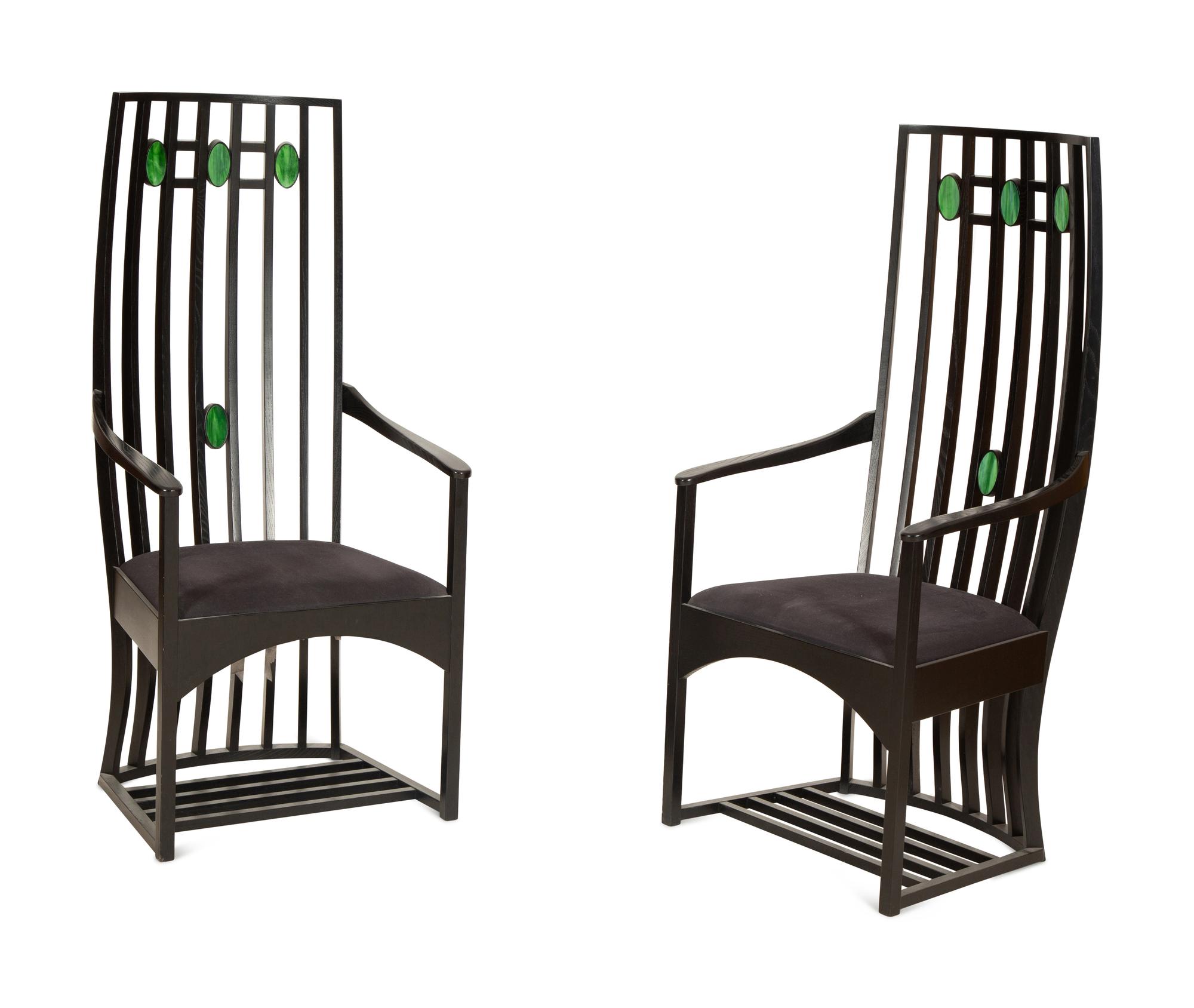 A Pair of Ebonized Highback Armchairs After Charles Rennie MackIntosh — Late 20th Century