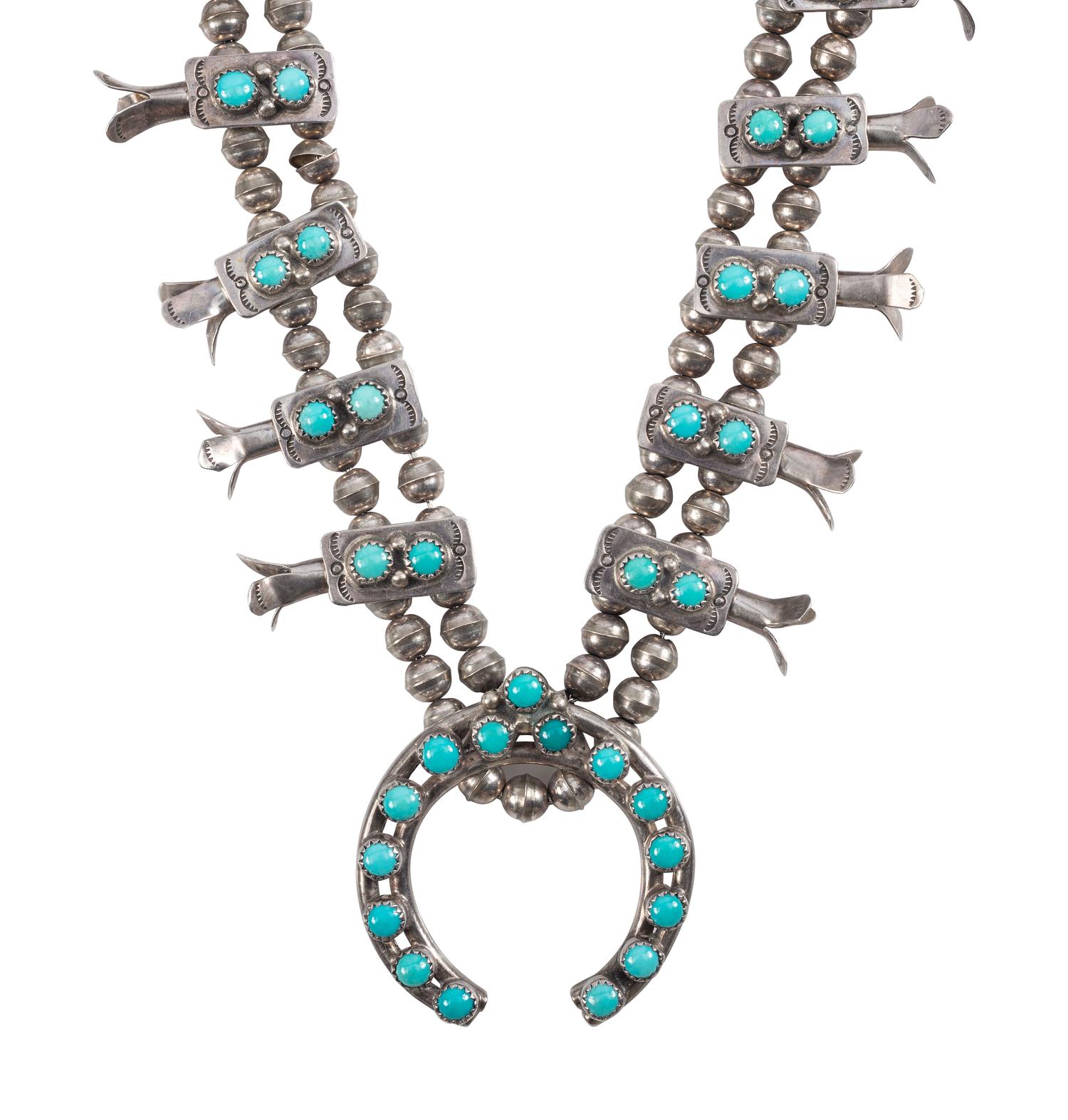 Petite Silver and Turquoise Box Bow Squash Blossom Necklace