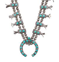 Petite Silver and Turquoise Box Bow Squash Blossom Necklace