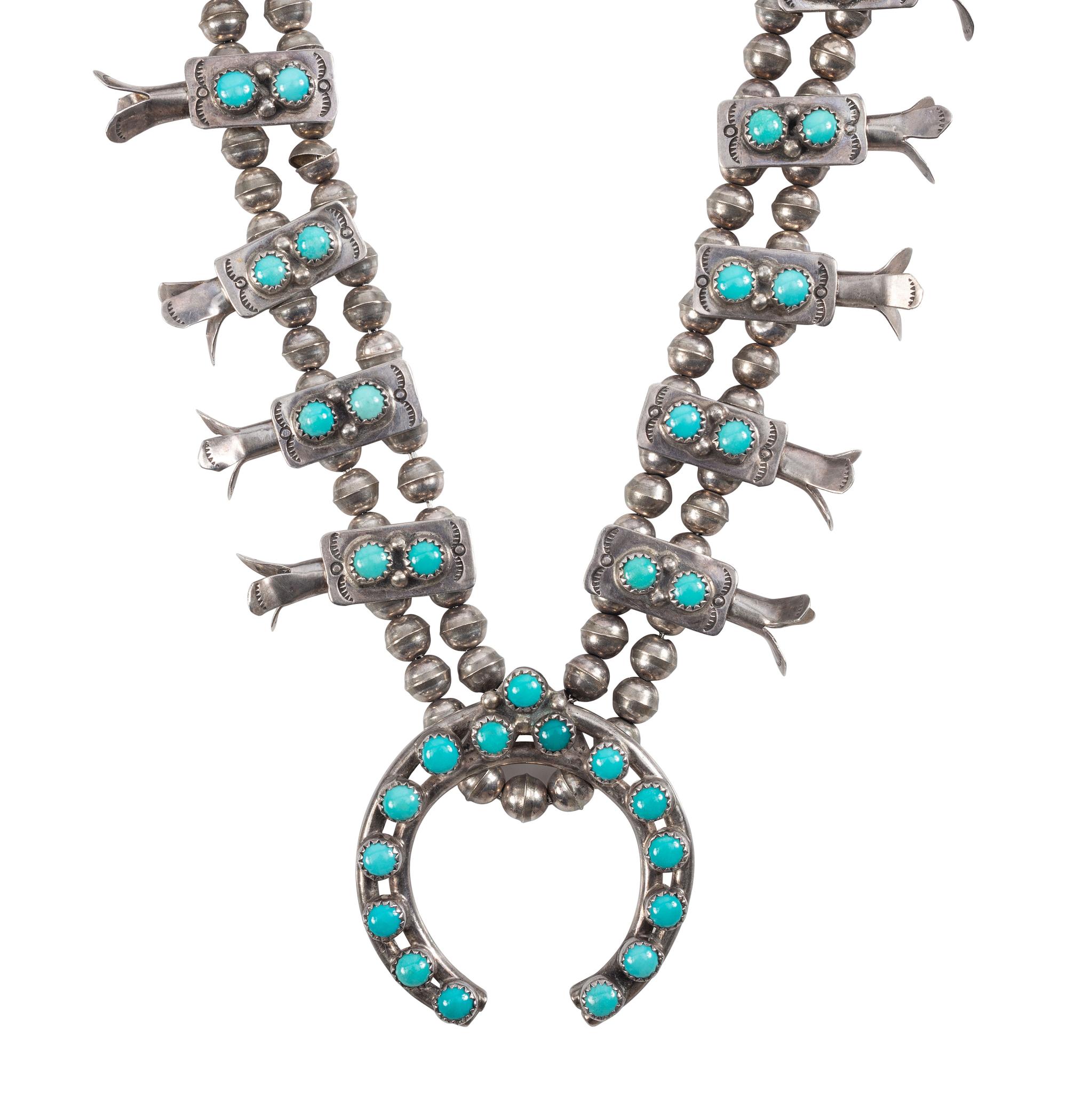 Petite Silver and Turquoise Box Bow Squash Blossom Necklace