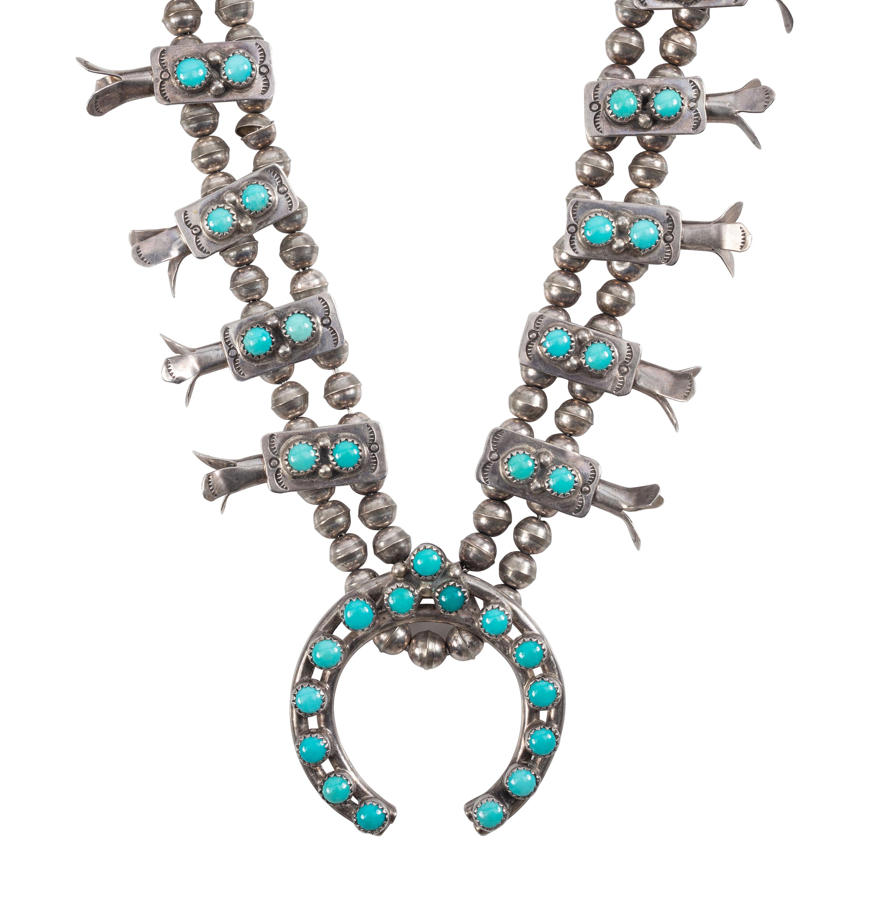 Petite Silver and Turquoise Box Bow Squash Blossom Necklace