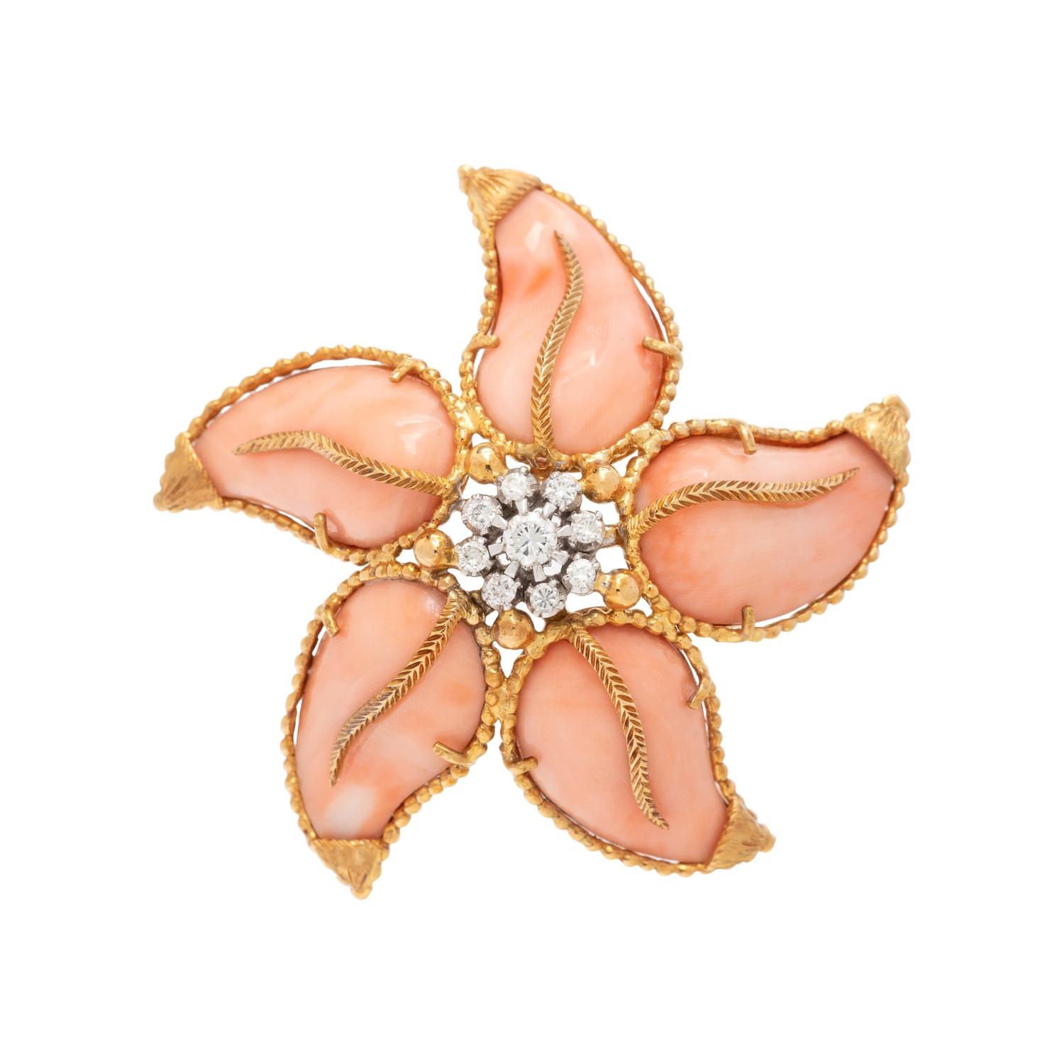 YELLOW GOLD, CORAL AND DIAMOND FLOWER BROOCH