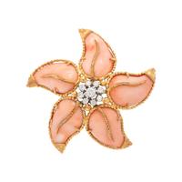 YELLOW GOLD, CORAL AND DIAMOND FLOWER BROOCH