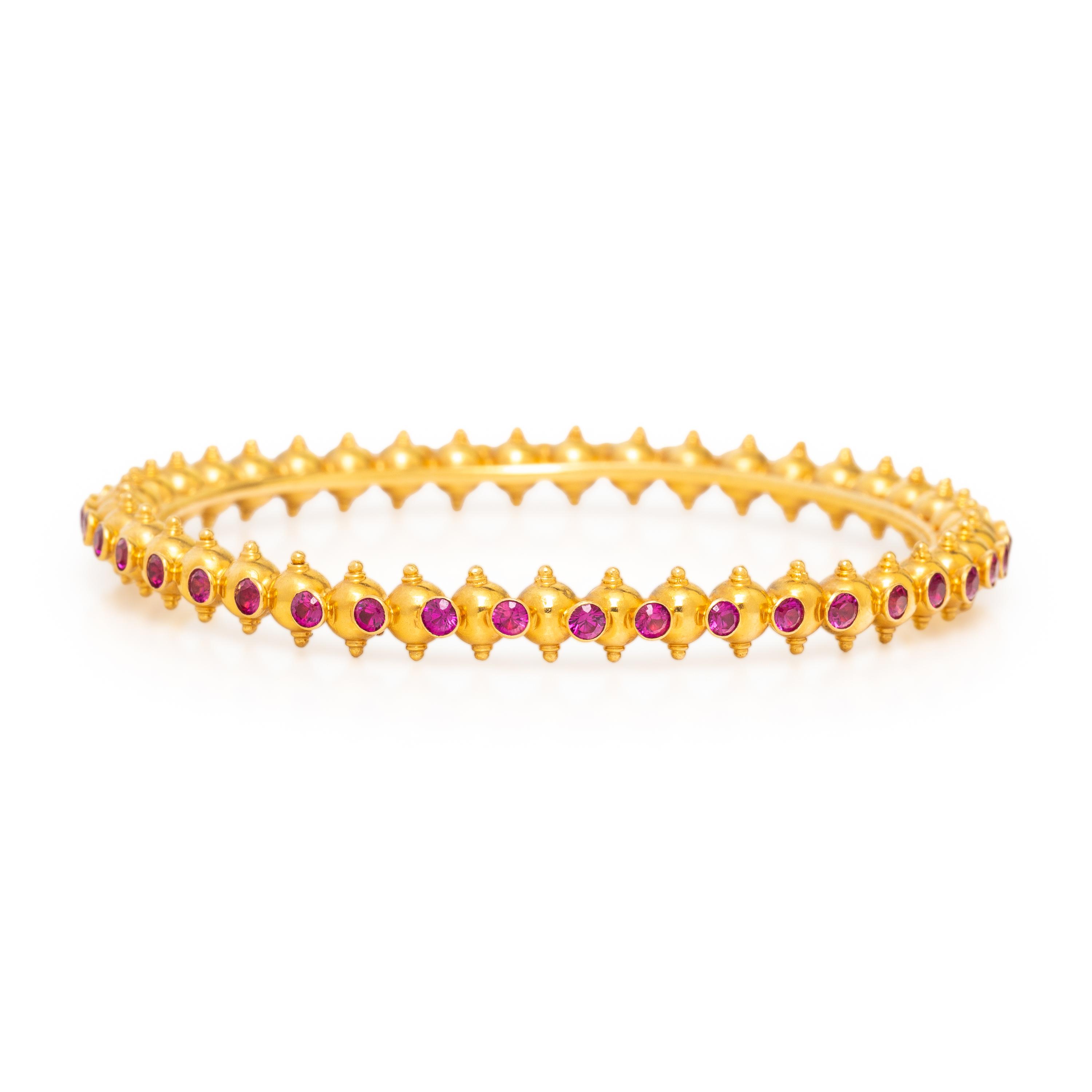 Pair of High-Karat Yellow Gold and Synthetic Ruby Bangle Bracelets