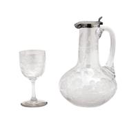 An Etched Glass and Silver Pitcher Height 7 1/4 inches