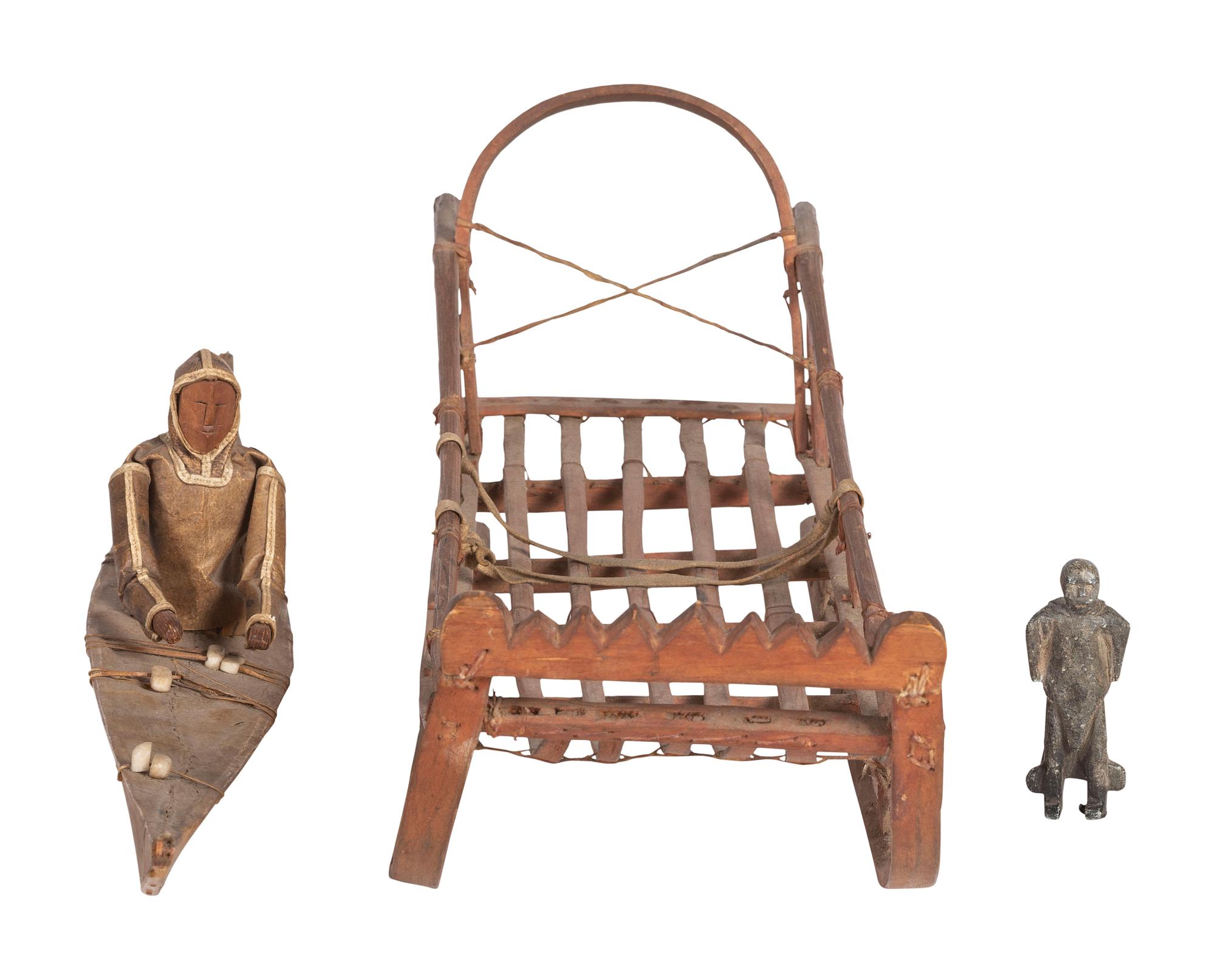 Inupiat Model Sled, Kayak, and Stone Figure, PLUS