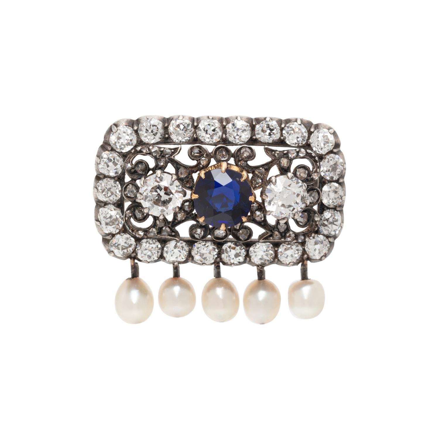 AUSTRO-HUNGARIAN, ANTIQUE, DIAMOND, SYNTHETIC SAPPHIRE AND PEARL BROOCH