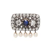 AUSTRO-HUNGARIAN, ANTIQUE, DIAMOND, SYNTHETIC SAPPHIRE AND PEARL BROOCH