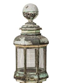A Pair of Weathered Painted Sheet Metal Lanterns Converted to Bird Cages