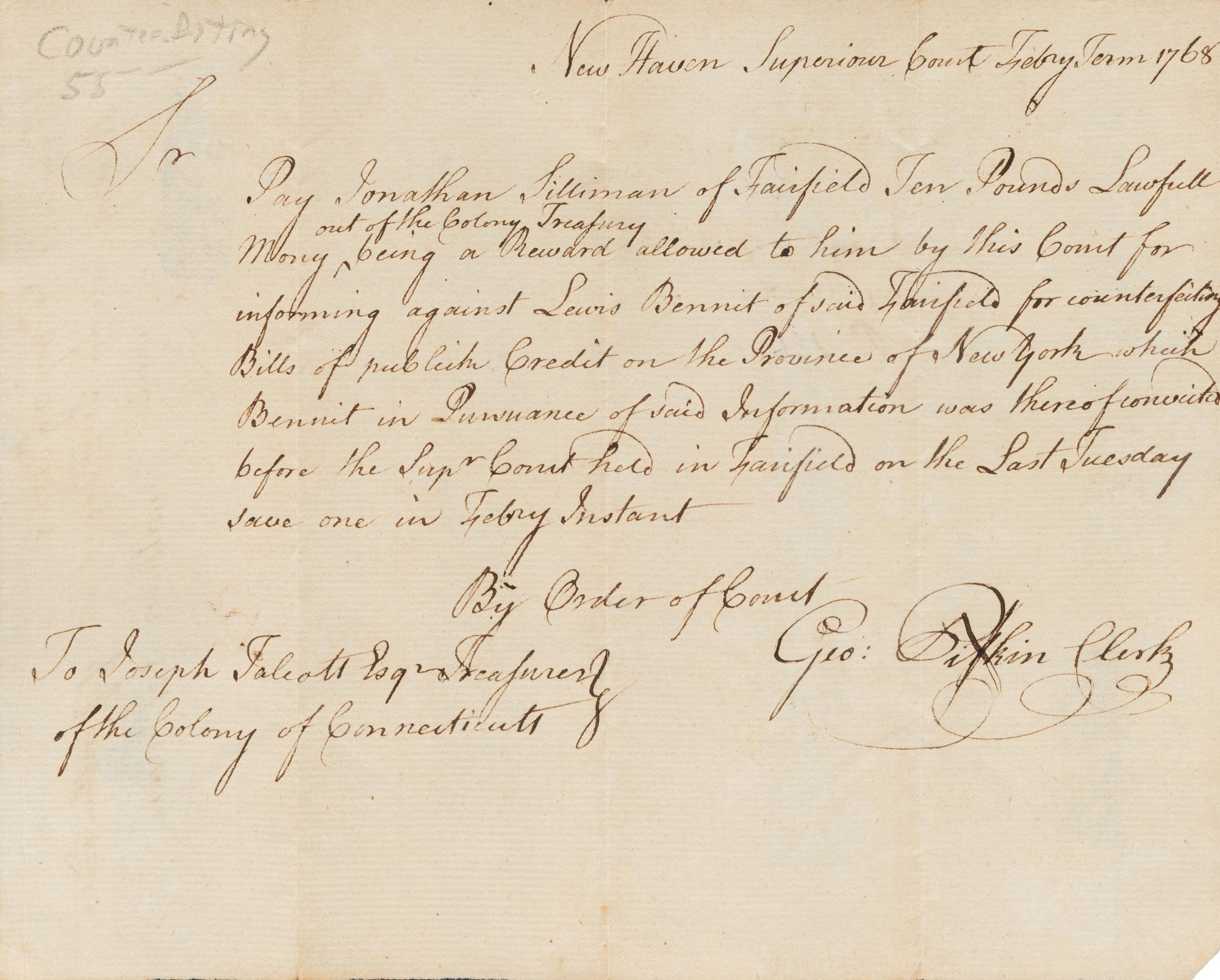 PITKIN, George (d.1806). Document signed ("Geo Pitkin Clerk"). New Haven, February 1768.