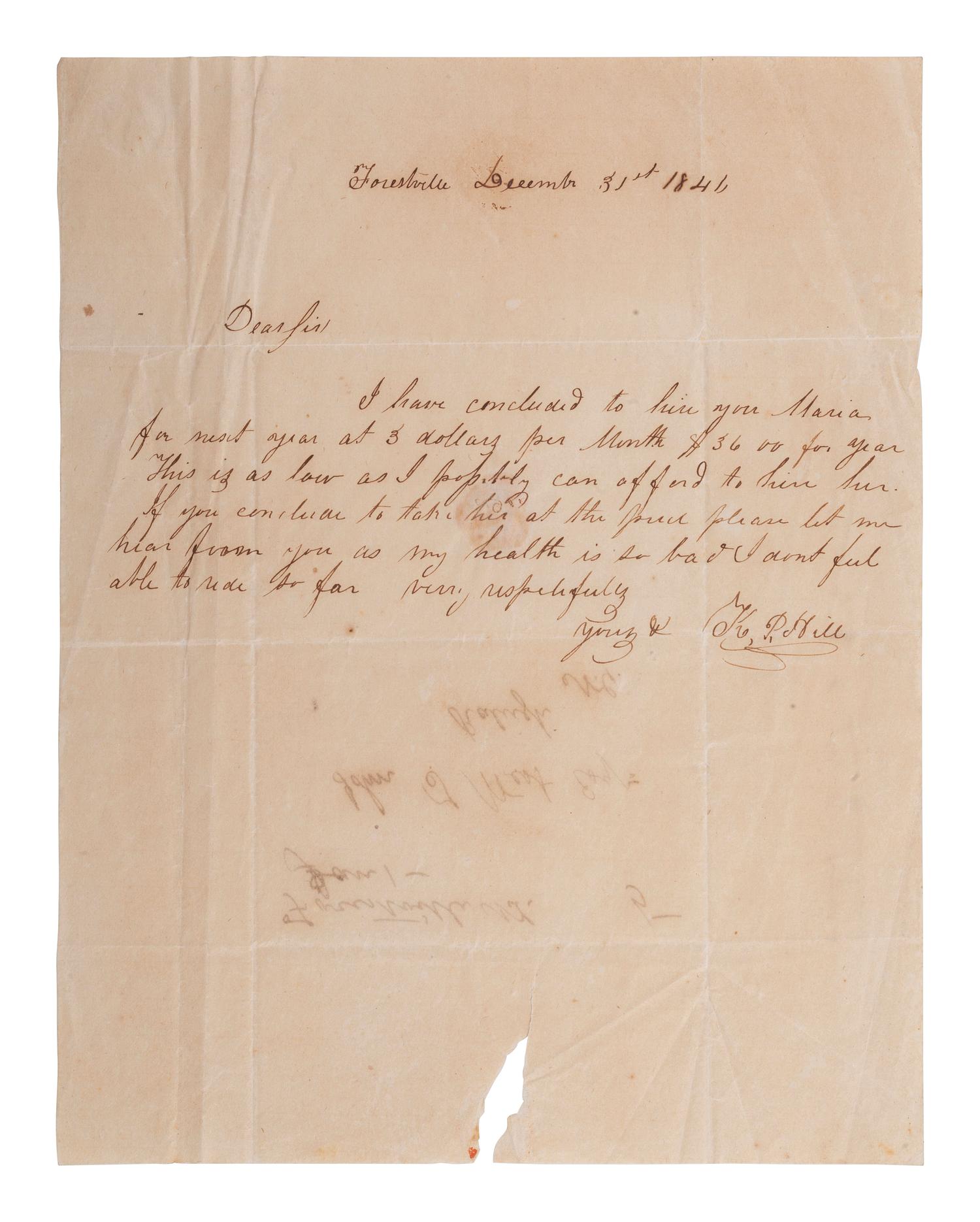 [AFRICAN AMERICANA]. Letter about the hire of enslaved person. Forestville, [NC], 31 December 1846.